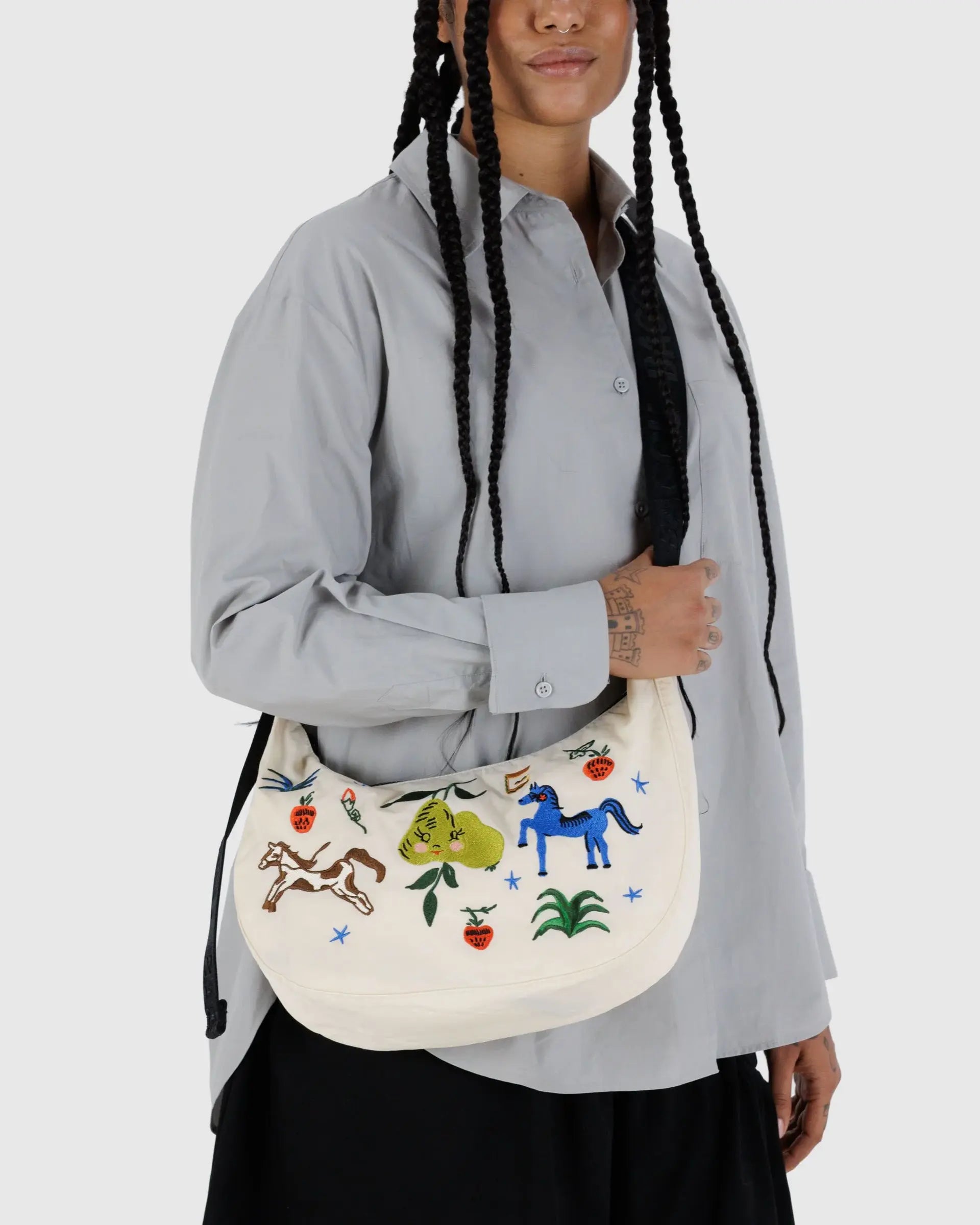 Medium Nylon Crescent Bag in Embroidered Painted Prairie