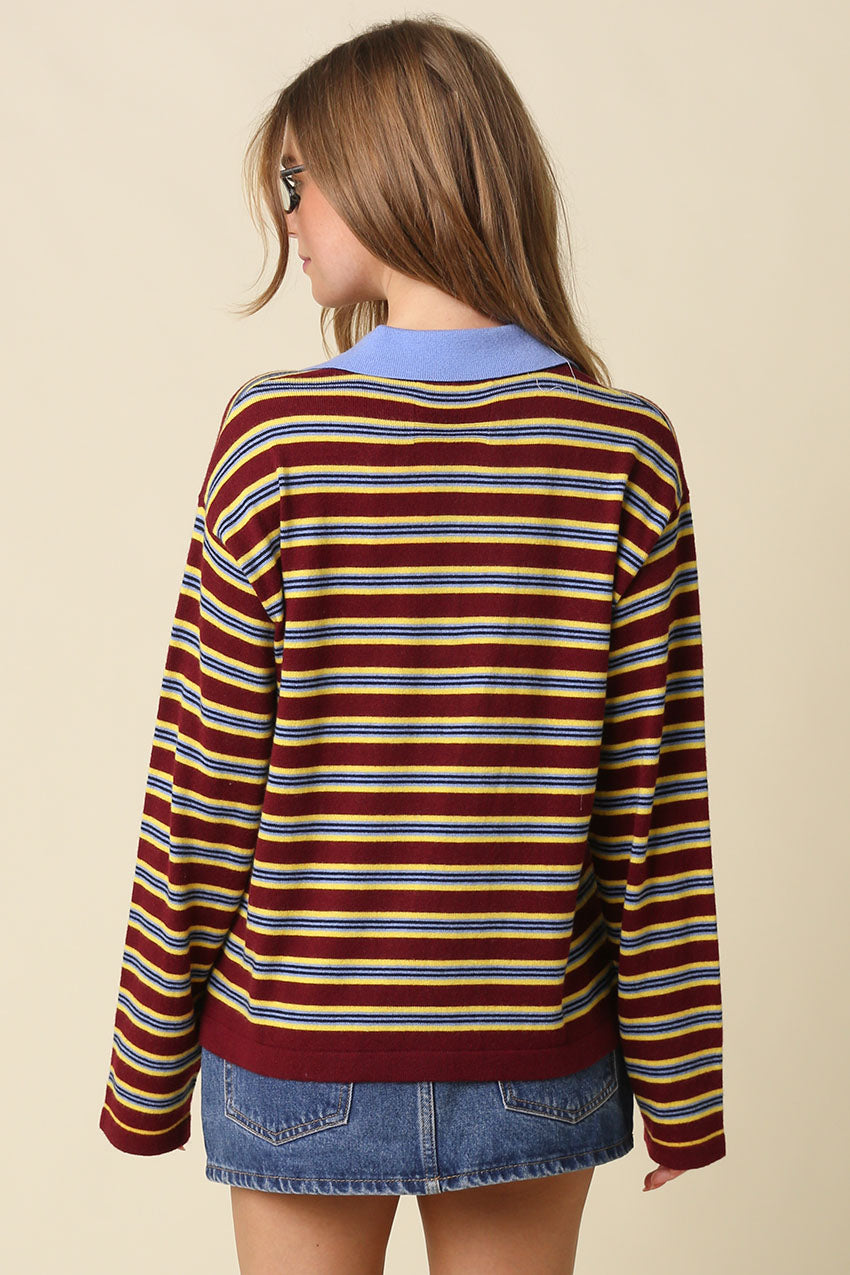 Lana Stripe Collared Knit Top in Varsity Wine