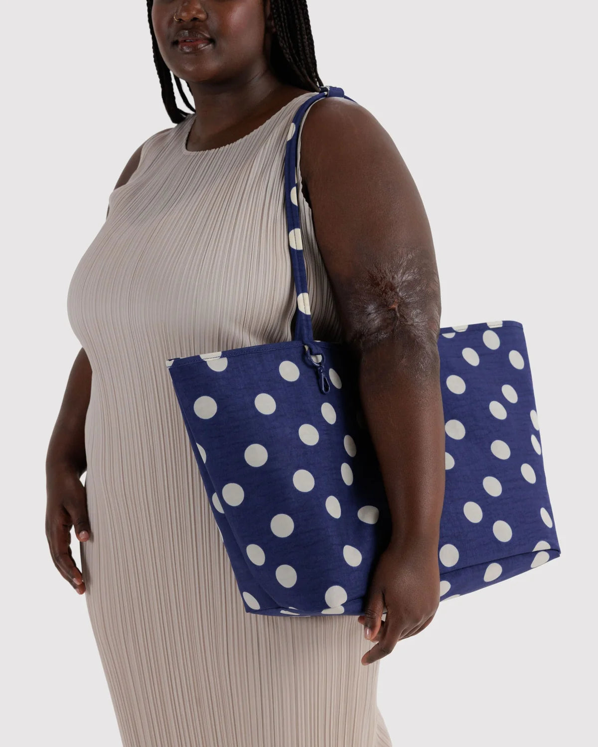 Large Nylon Reversible Tote in Navy Polka Dot Mix