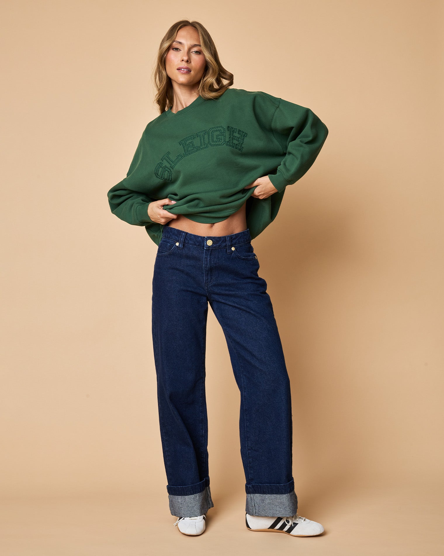 Firr | Badge:New Arrival_#B2AC88_#ffffff' Women's green holiday fleece sweatshirt with embroidery