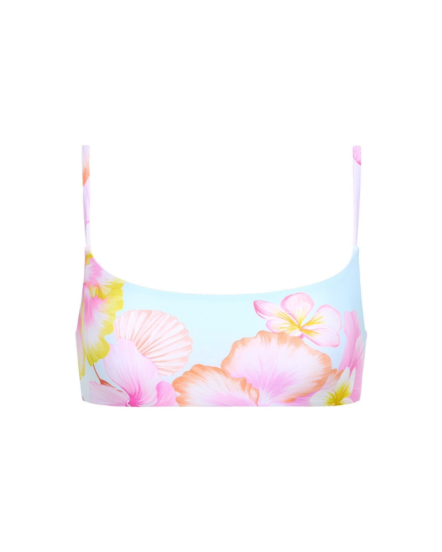 LSPACE Presley bikini top in Hibiscus And Plumeria Oh My print, off-model flat lay.