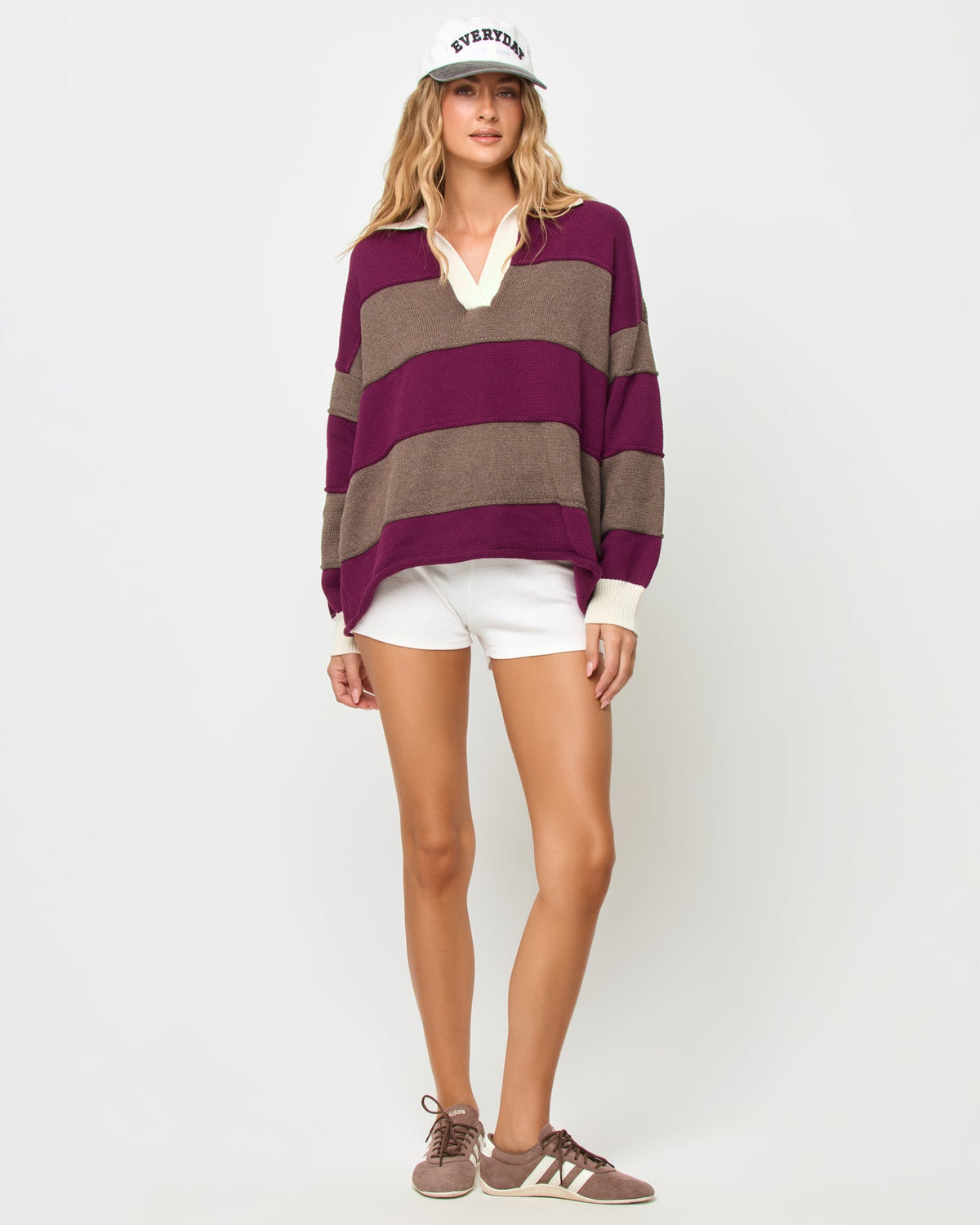 LSPACE Horizon sweater in I'm Berry Busy stripe, front view on model.