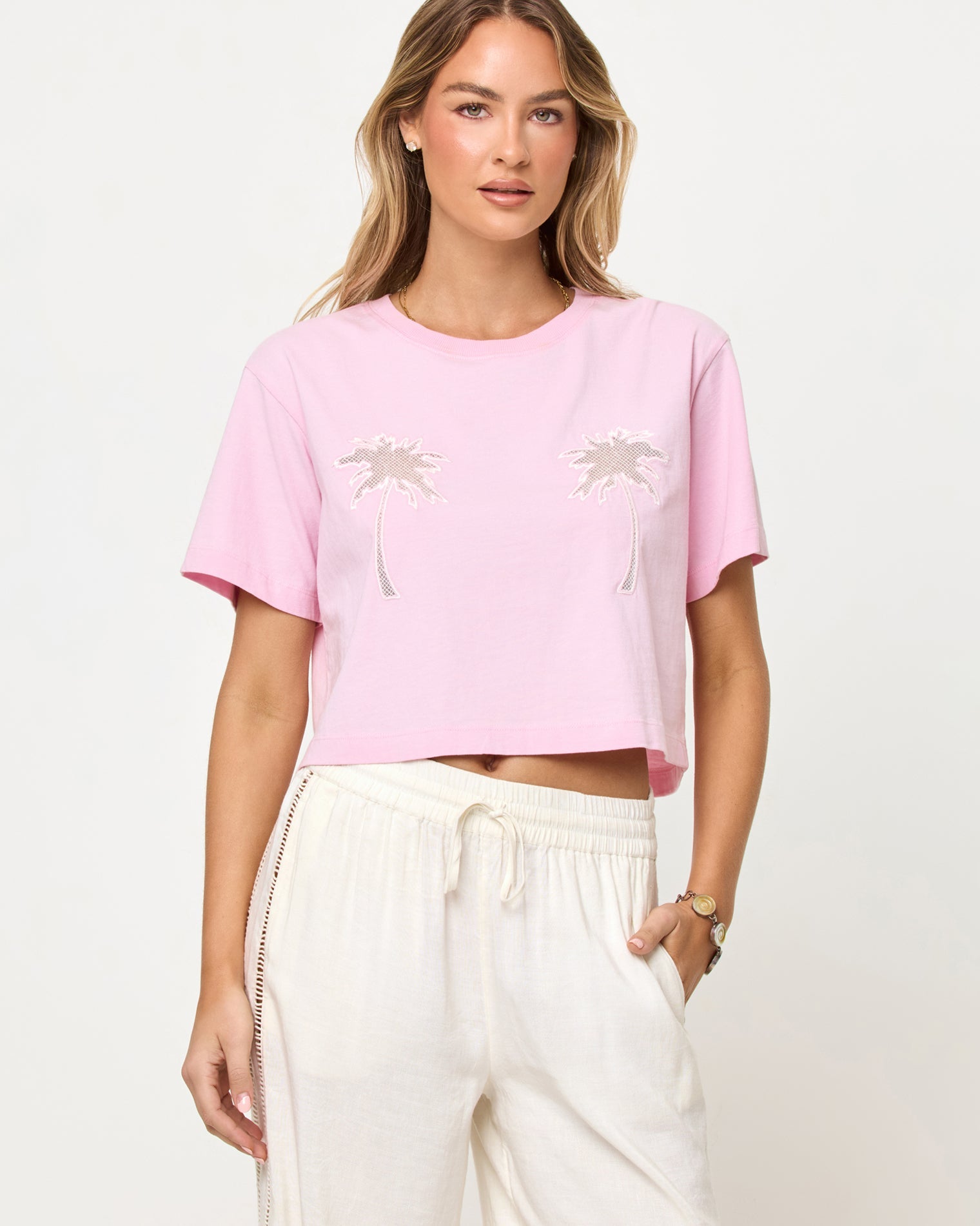 Rosewater | Badge:New Arrival_#B2AC88_#ffffff'
LSPACE Core top in Rosewater, close-up front view on model.