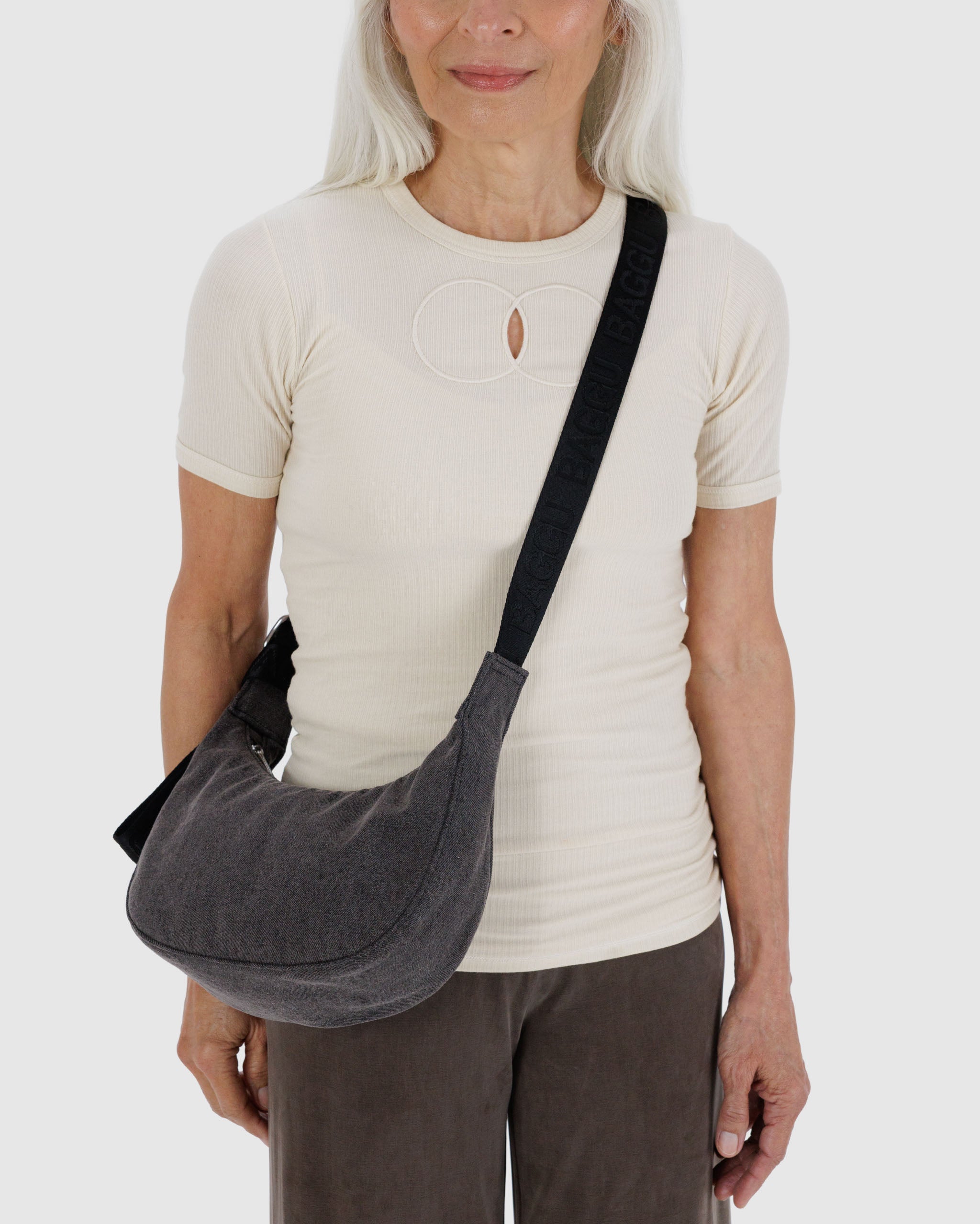Small Denim Crescent Bag in Washed Black Denim