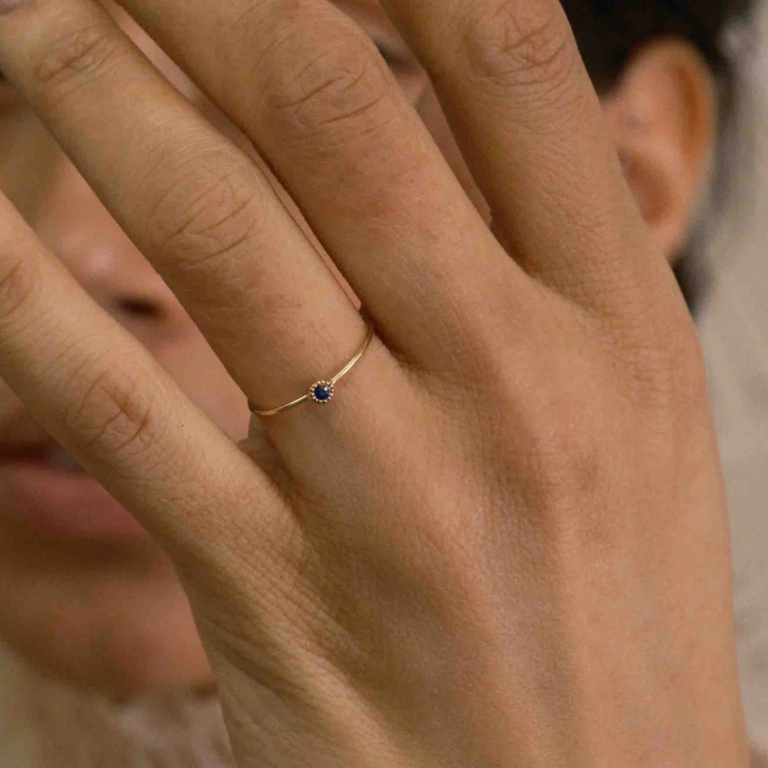 Round Blue Sapphire Moon Drop Ring