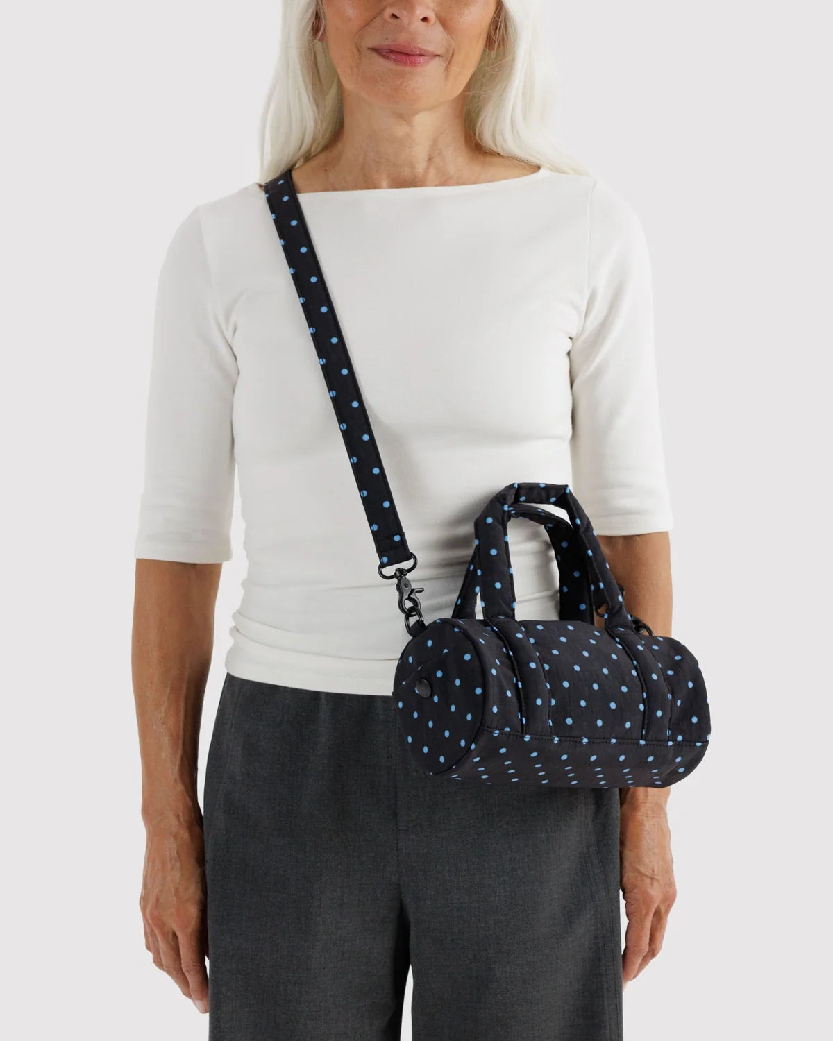 Small Nylon Duffle Bag in Black and Sky Blue Micro Dot