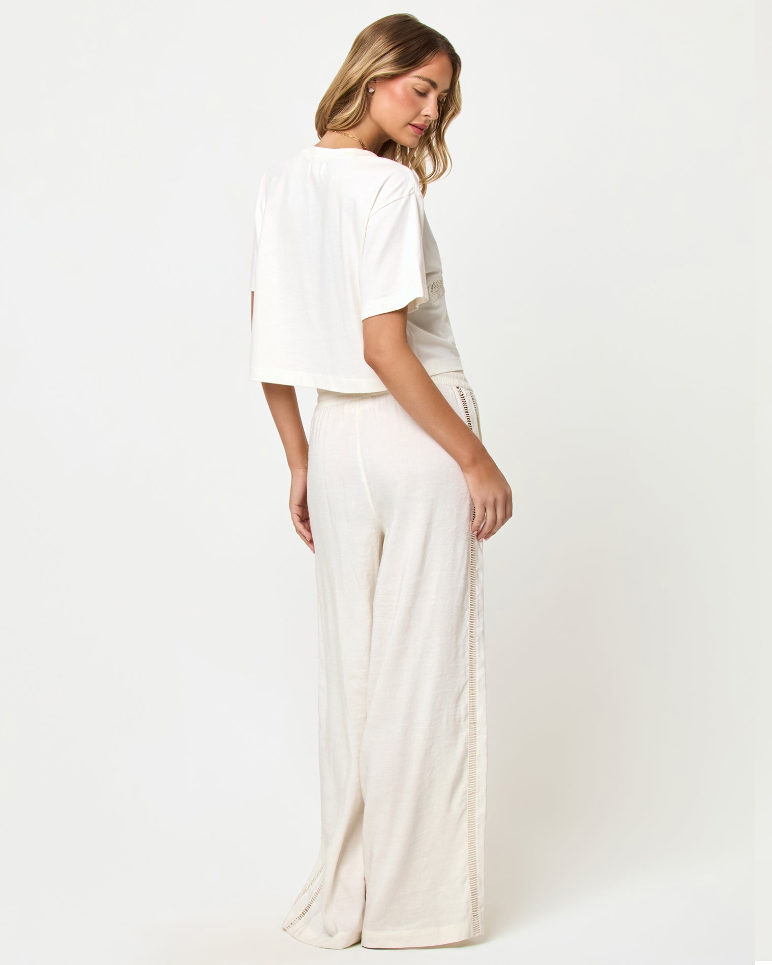 LSPACE At Your Leisure pant and Core Top in cream-natural, back view on model.