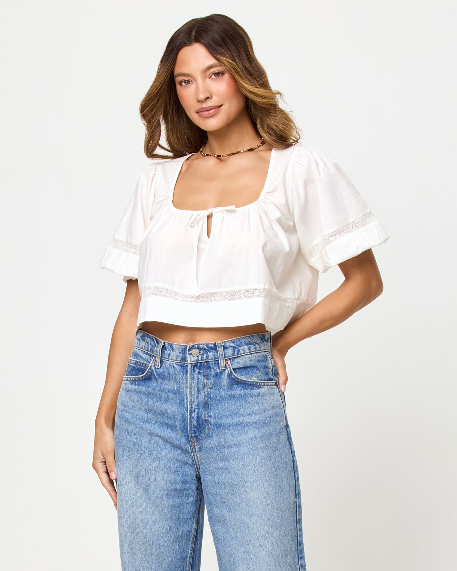 LSPACE Lucie top in Cream, front view on model.