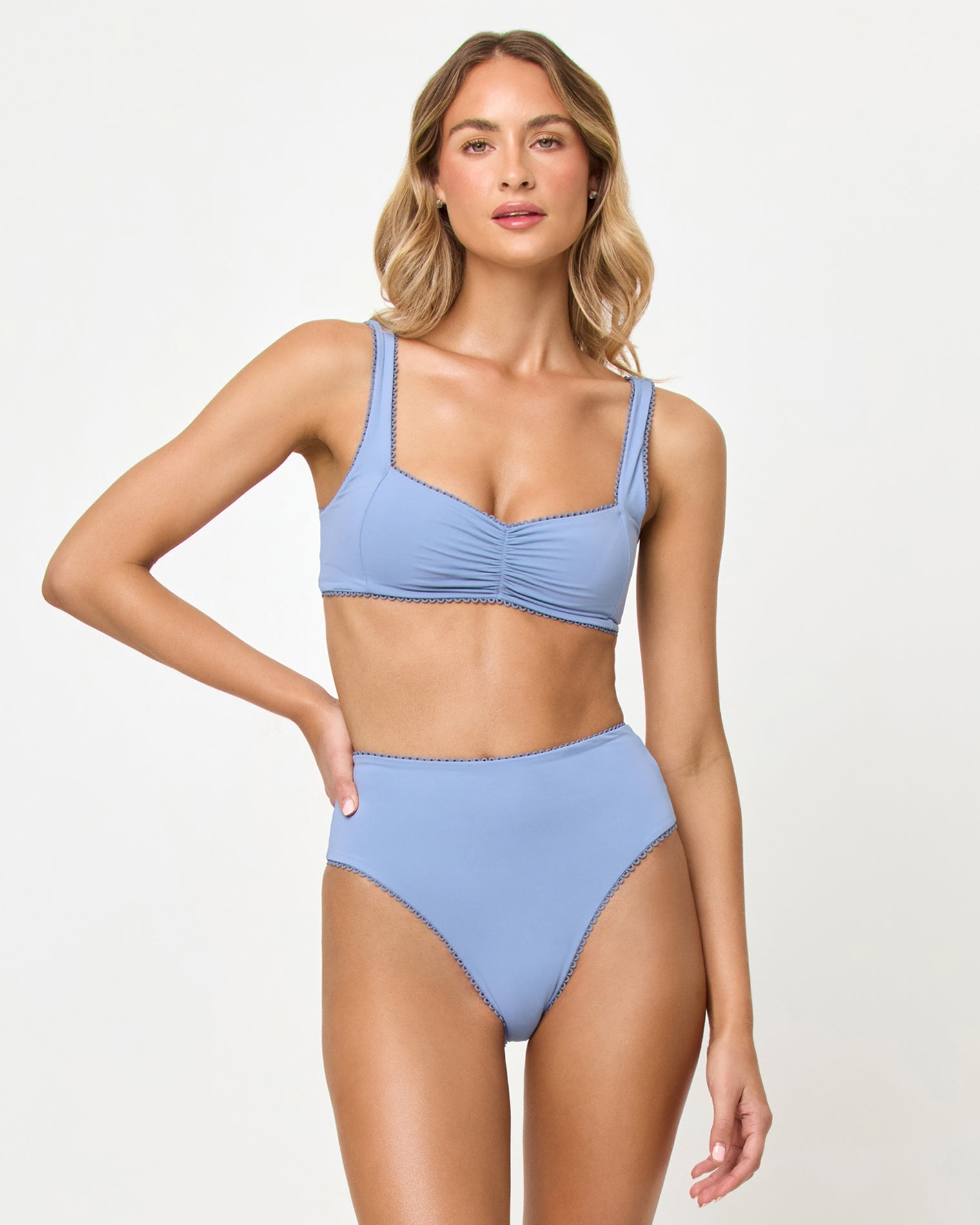 LSPACE Effie bikini top and Soleil bikini bottom in Chambray, front view on model.