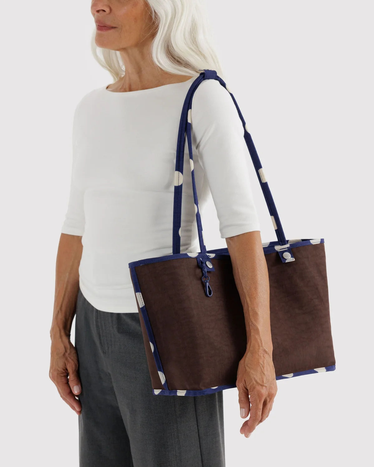 Medium Nylon Reversible Tote in Navy Polka Dot Mix