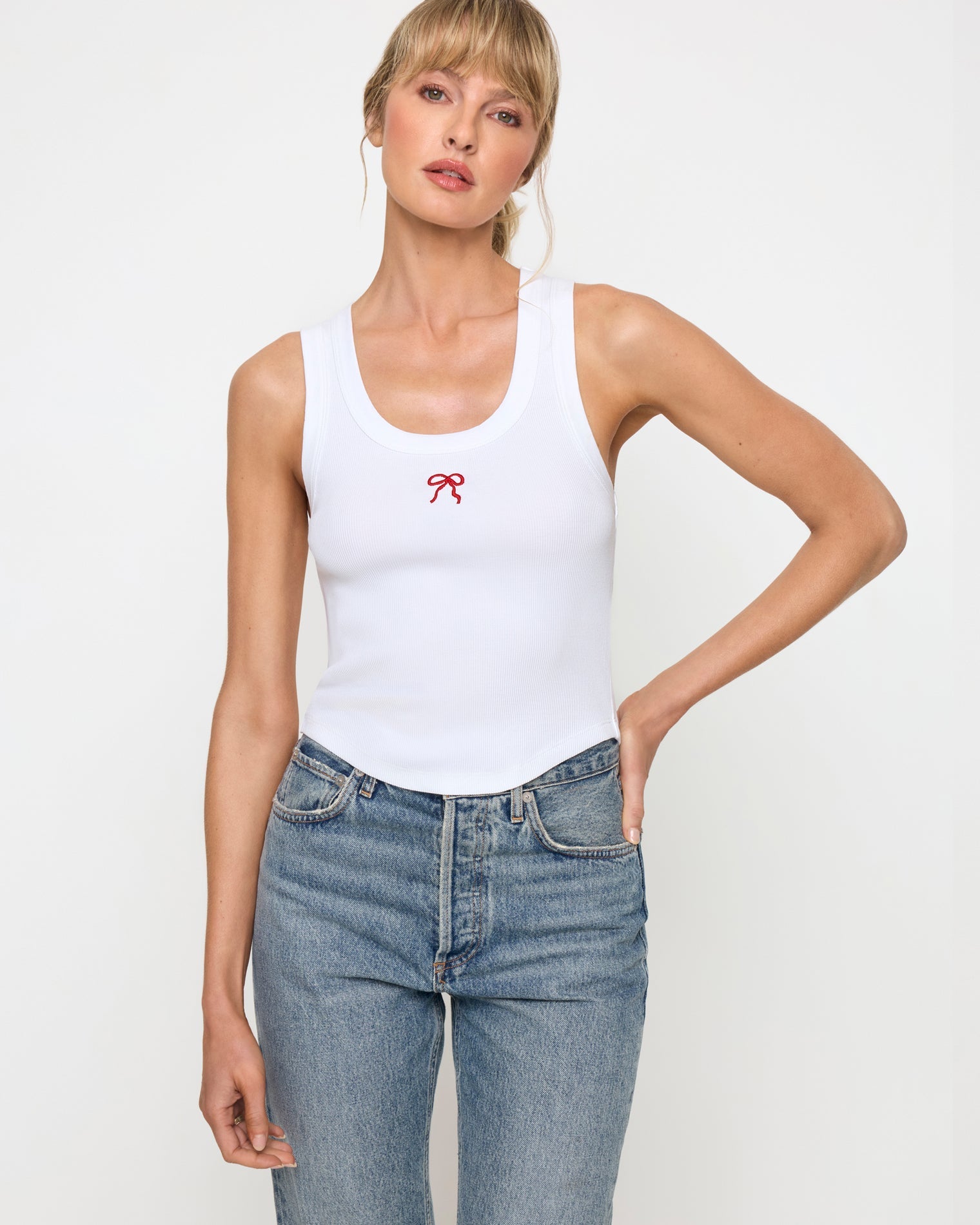 Bow Embroidery | Badge:New Arrival_#B2AC88_#ffffff' Women's white tank top with embroidered bow