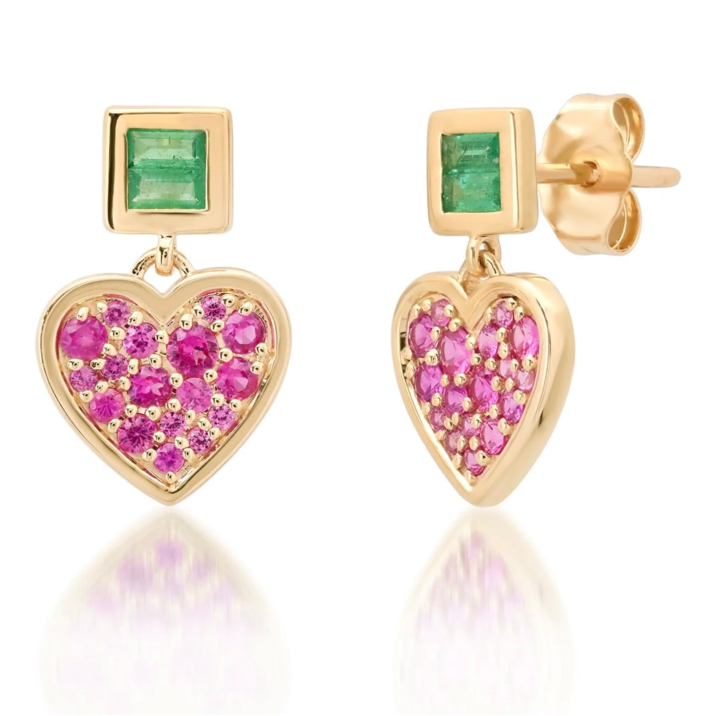 Deep Pink Sapphire and Emerald Small Sweetheart Earrings