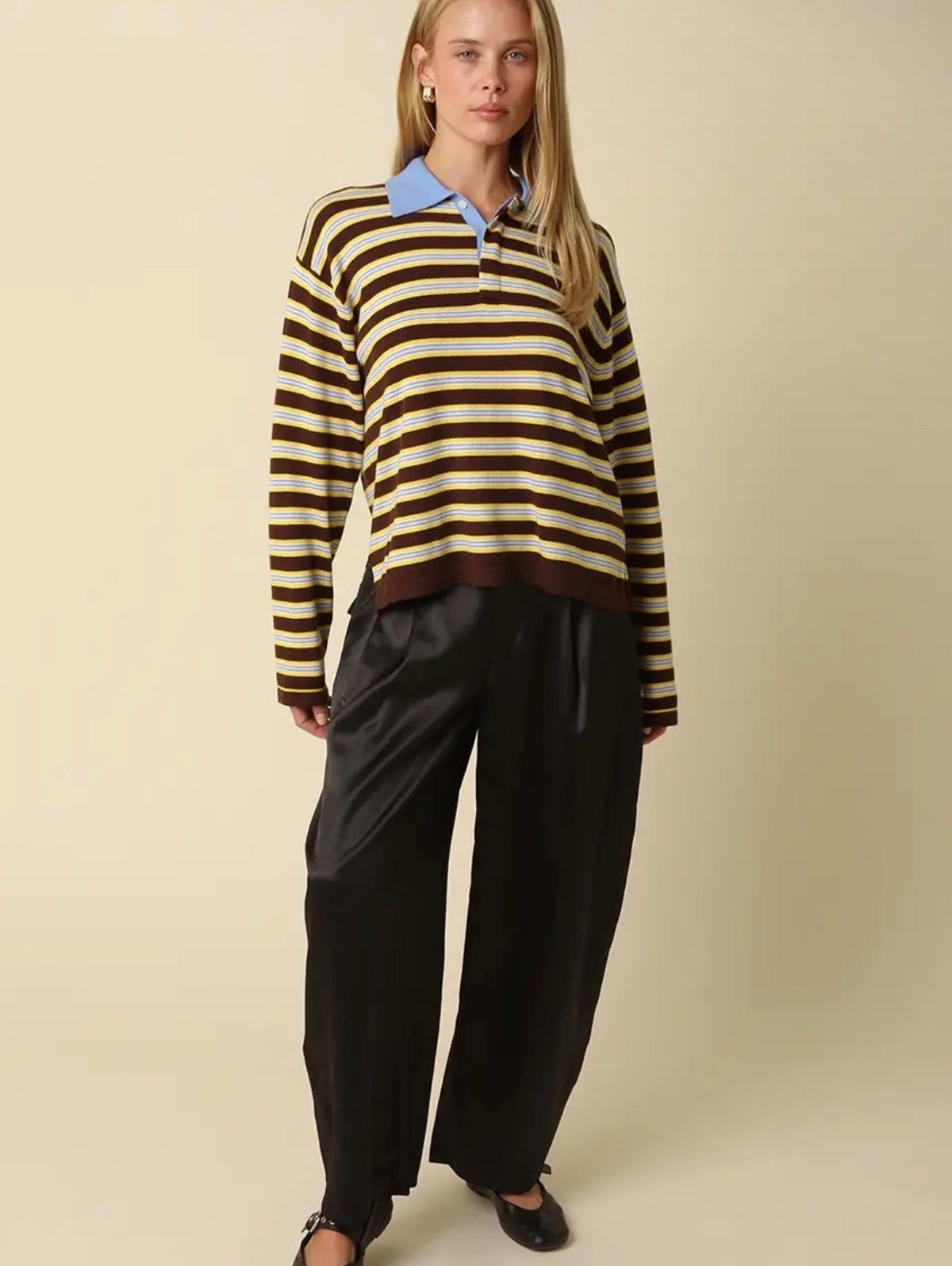 Lana Stripe Collared Knit Top in Chocolate Multi Stripe
