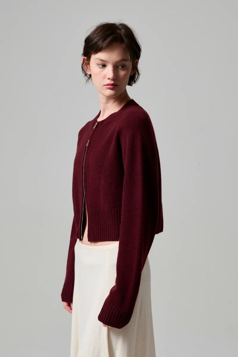 Eddie Zip Up Cardigan in Currant
