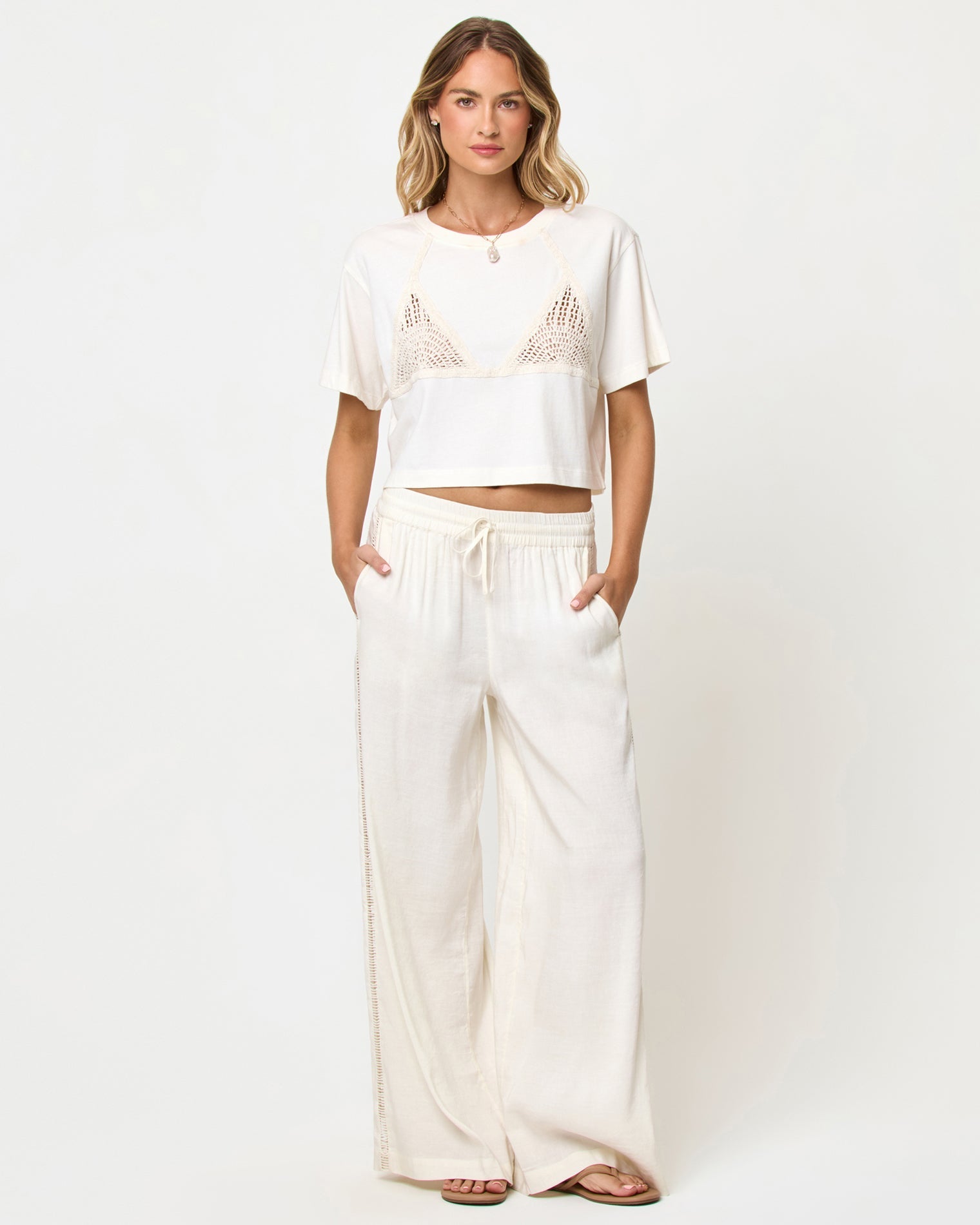 LSPACE At Your Leisure pant and Core Top in cream-natural, front view on model.