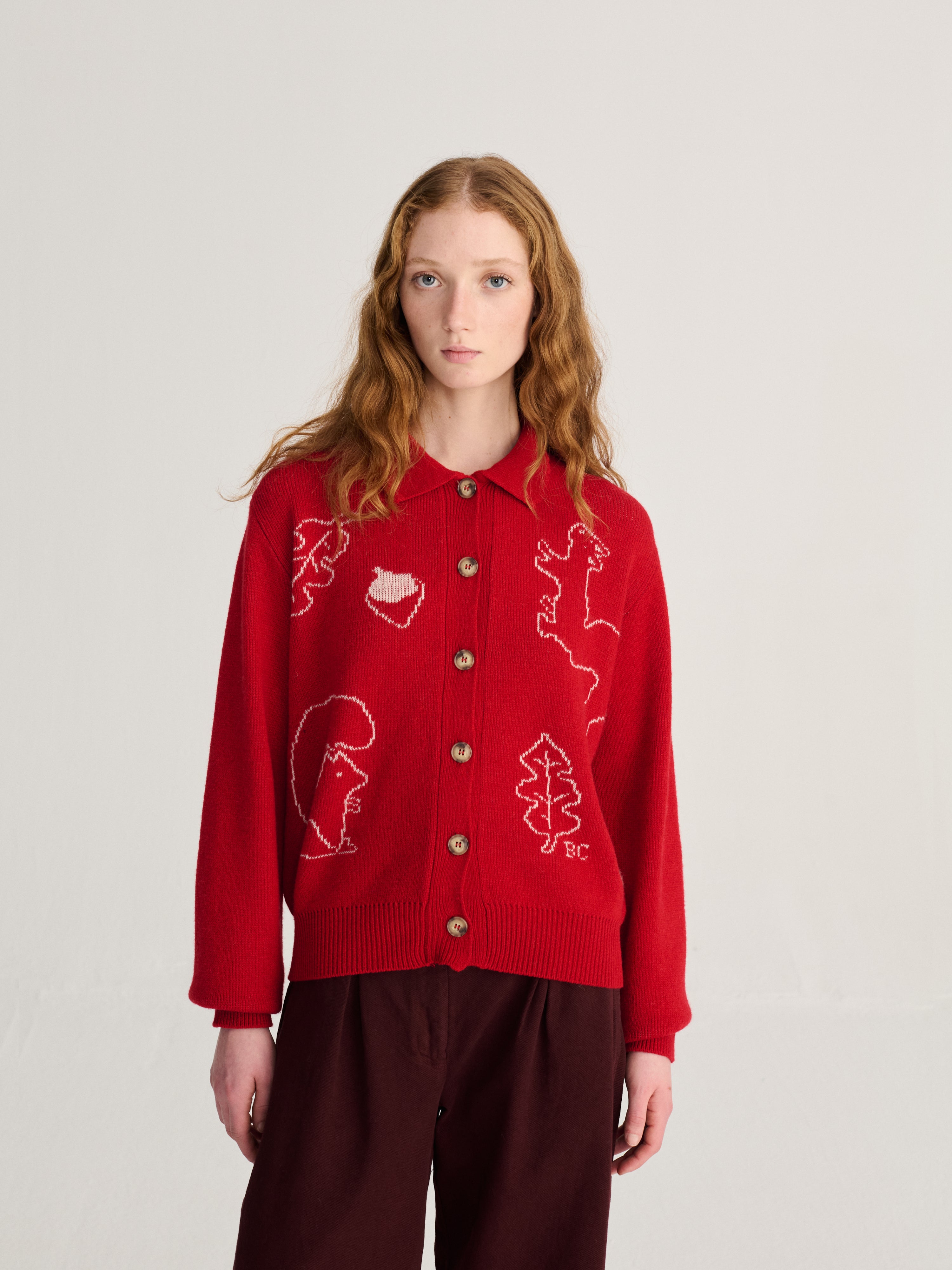 Forest Scene Wool Blend Polo Cardigan