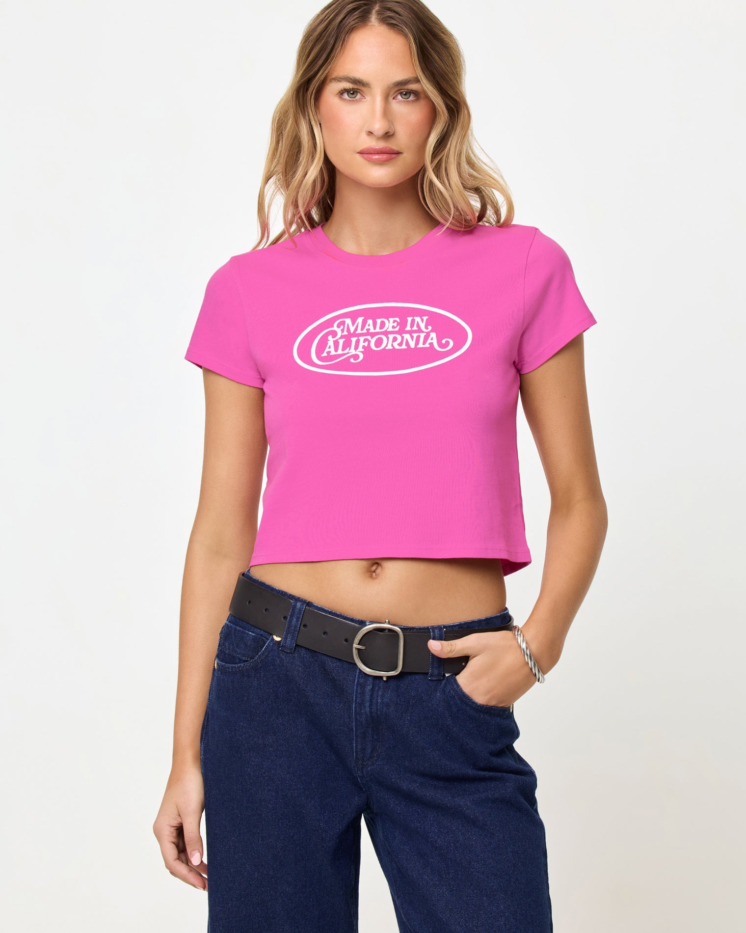 Made In California Sweetheart | Badge:New Arrival_#B2AC88_#ffffff'
Front view of model wearing the Merci Baby Tee in Sweetheart Made in California.