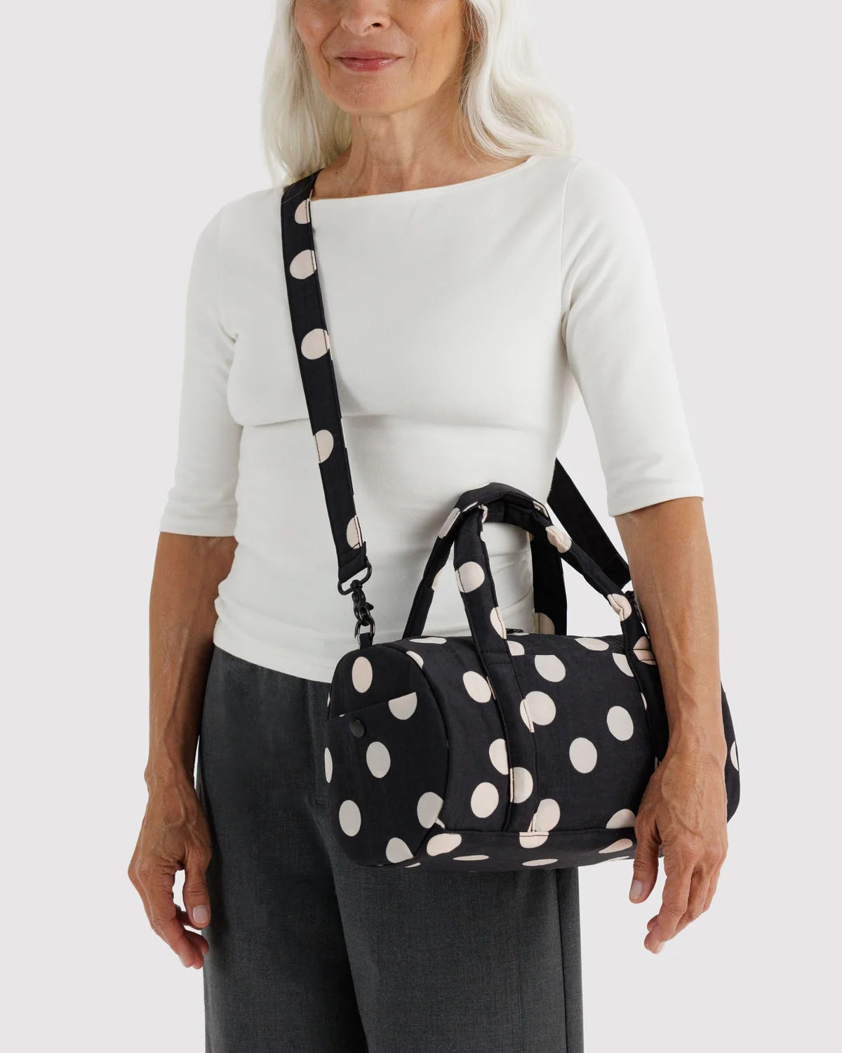 Nylon Duffle Bag in Black and Cream Polka Dot