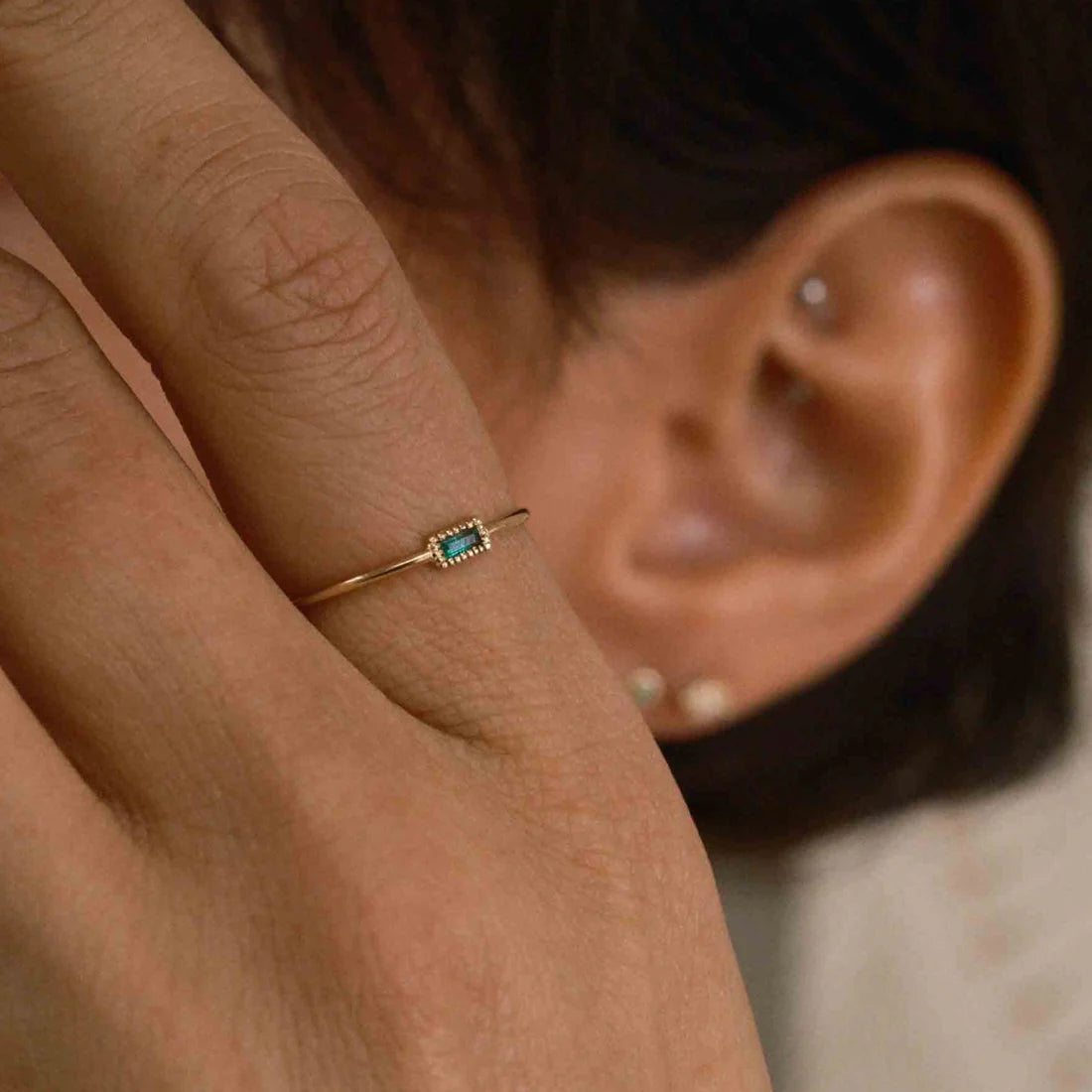 Baguette Emerald Moon Drop Ring