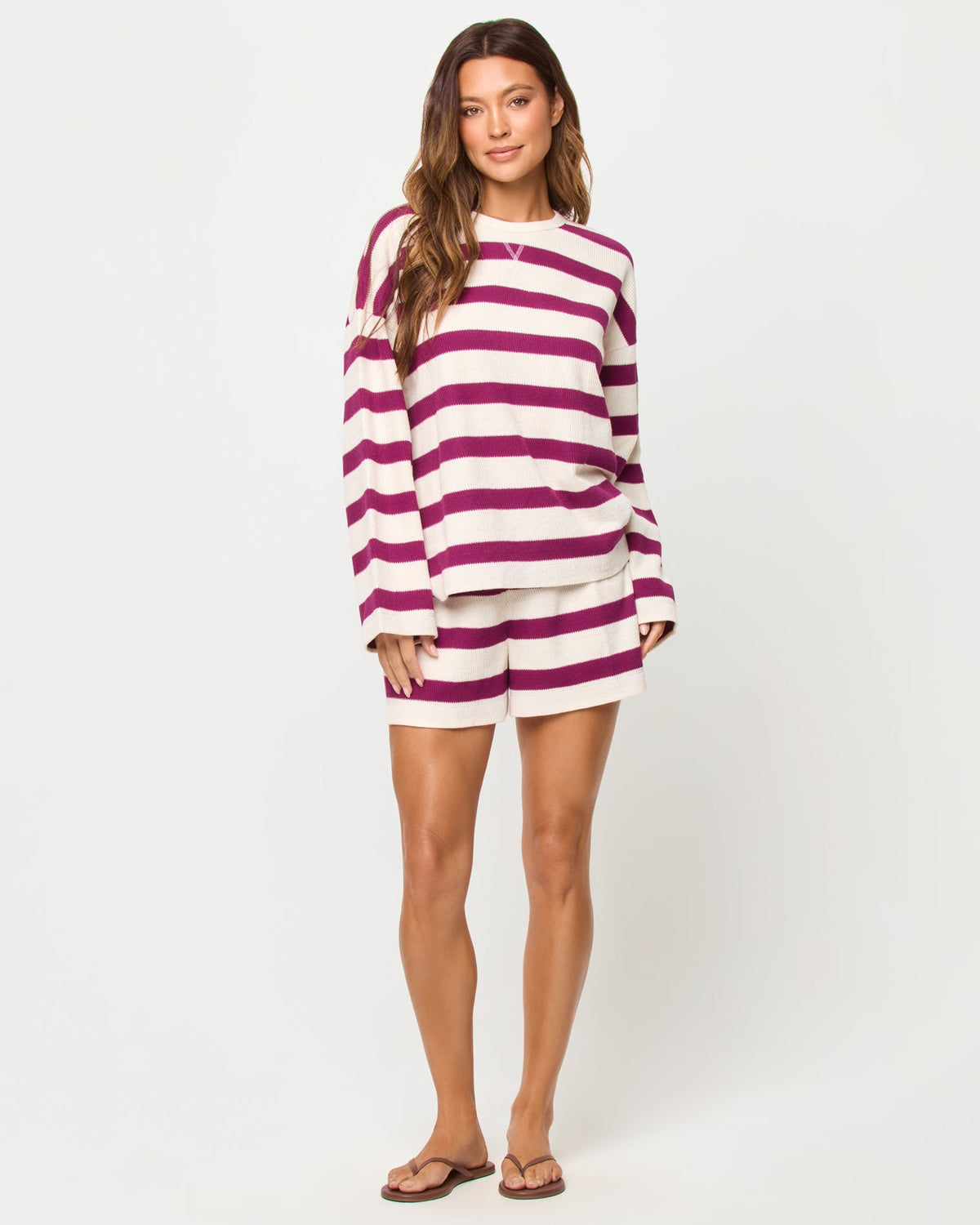 LSPACE Maeve top in Berry Jam Cream print, front view on model.