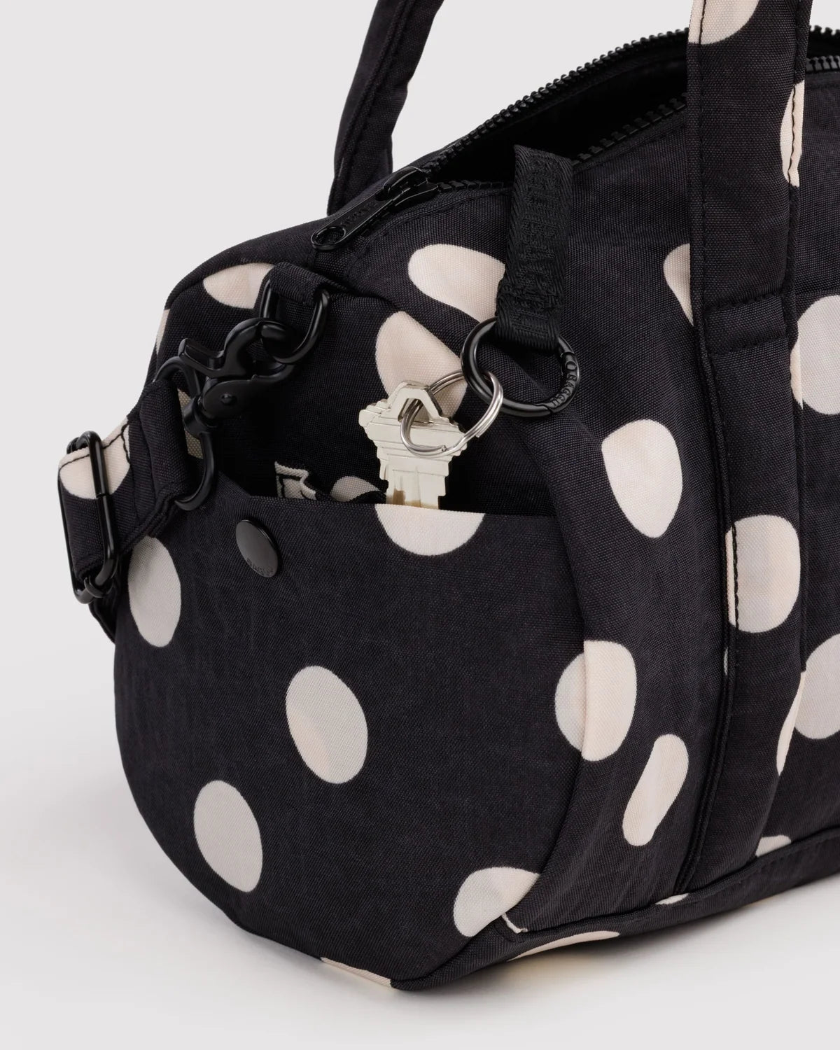 Nylon Duffle Bag in Black and Cream Polka Dot