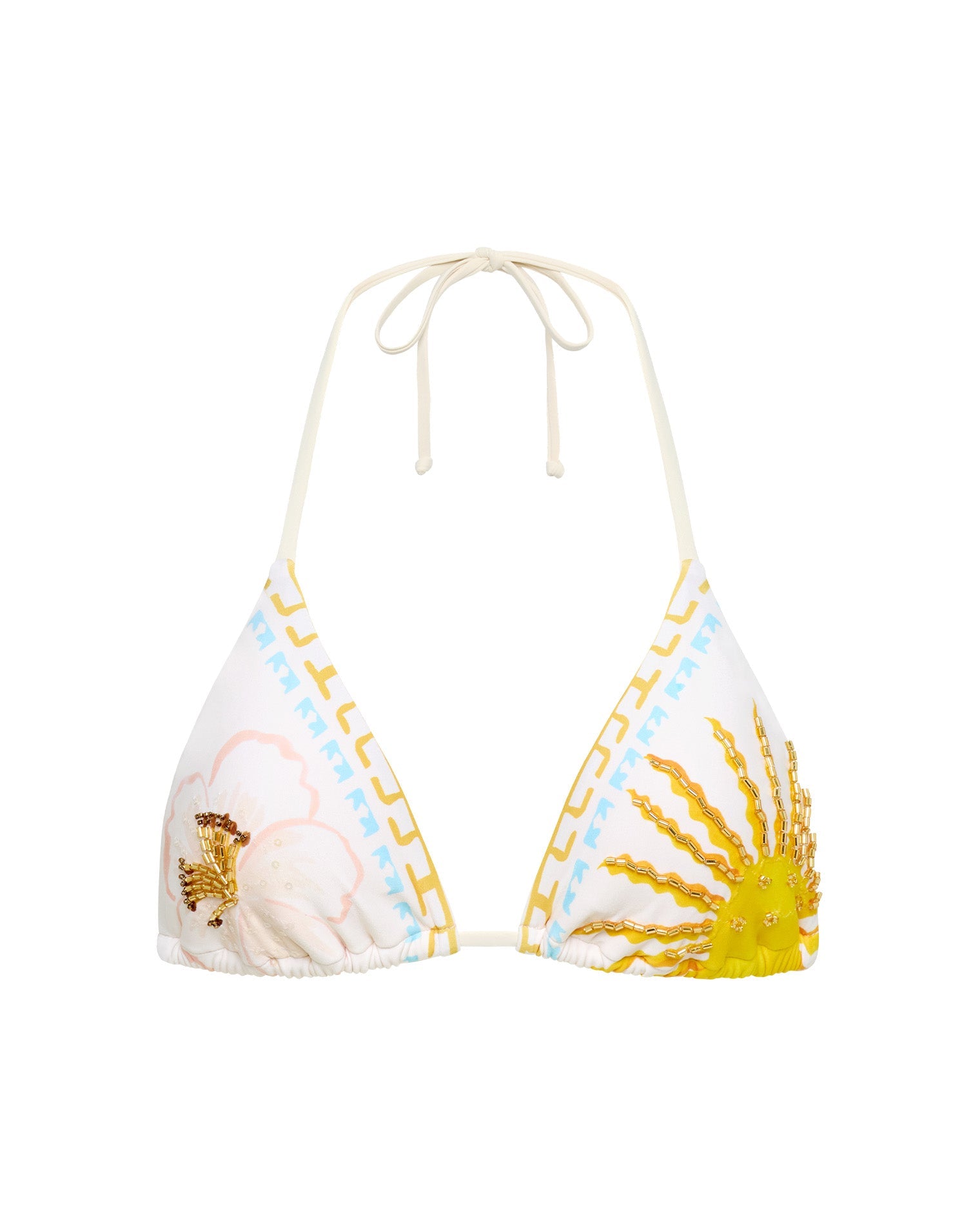 LSPACE Sonia bikini top in Wish You Were Here print, off-model flat lay.