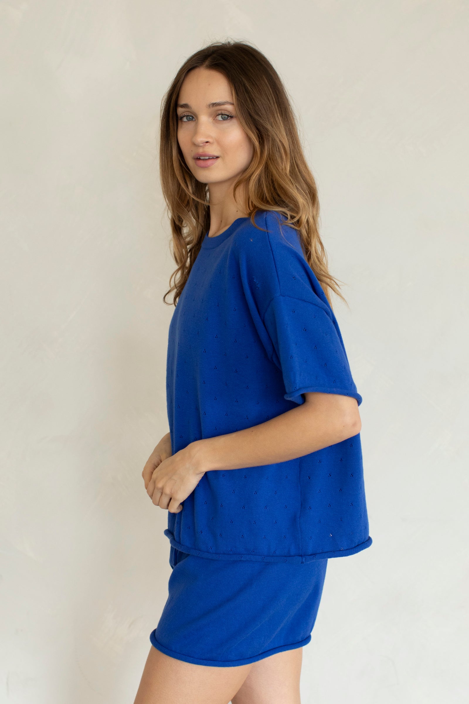 Zoe Pointelle Knit Set in Cobalt