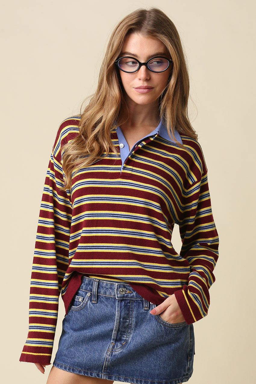 Lana Stripe Collared Knit Top in Varsity Wine