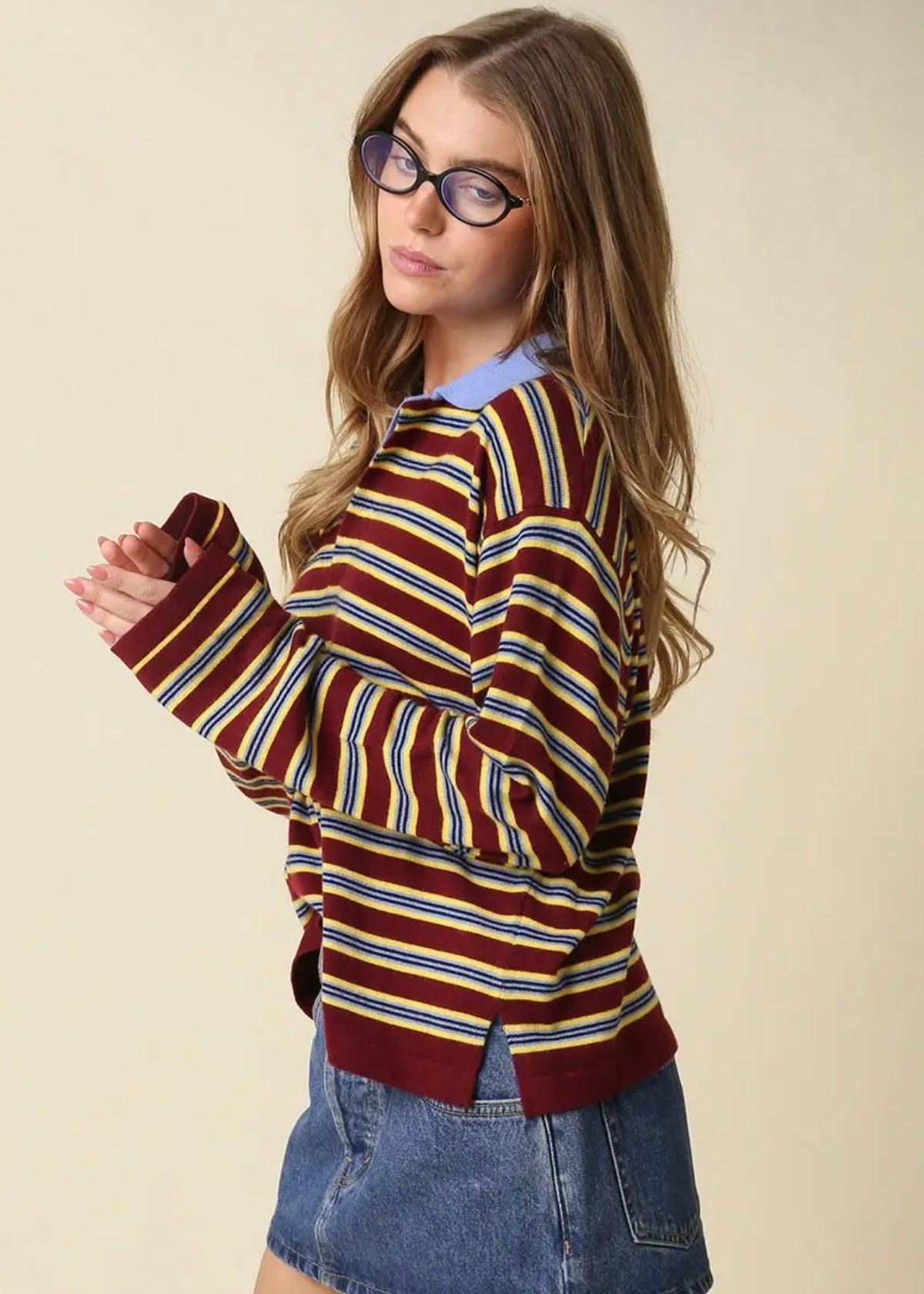 Lana Stripe Collared Knit Top in Varsity Wine