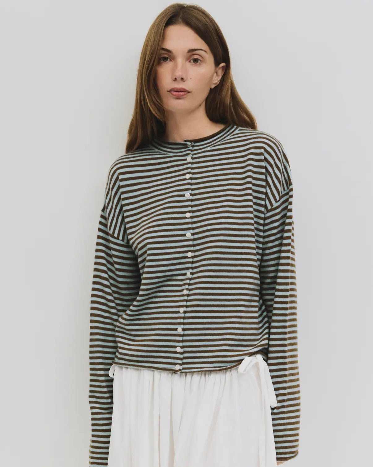 Eleanor Stripe Cardigan in Blue + Brown