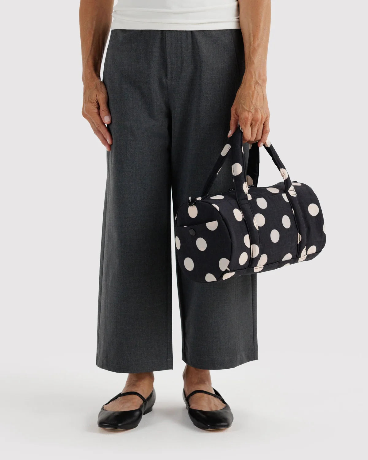 Nylon Duffle Bag in Black and Cream Polka Dot