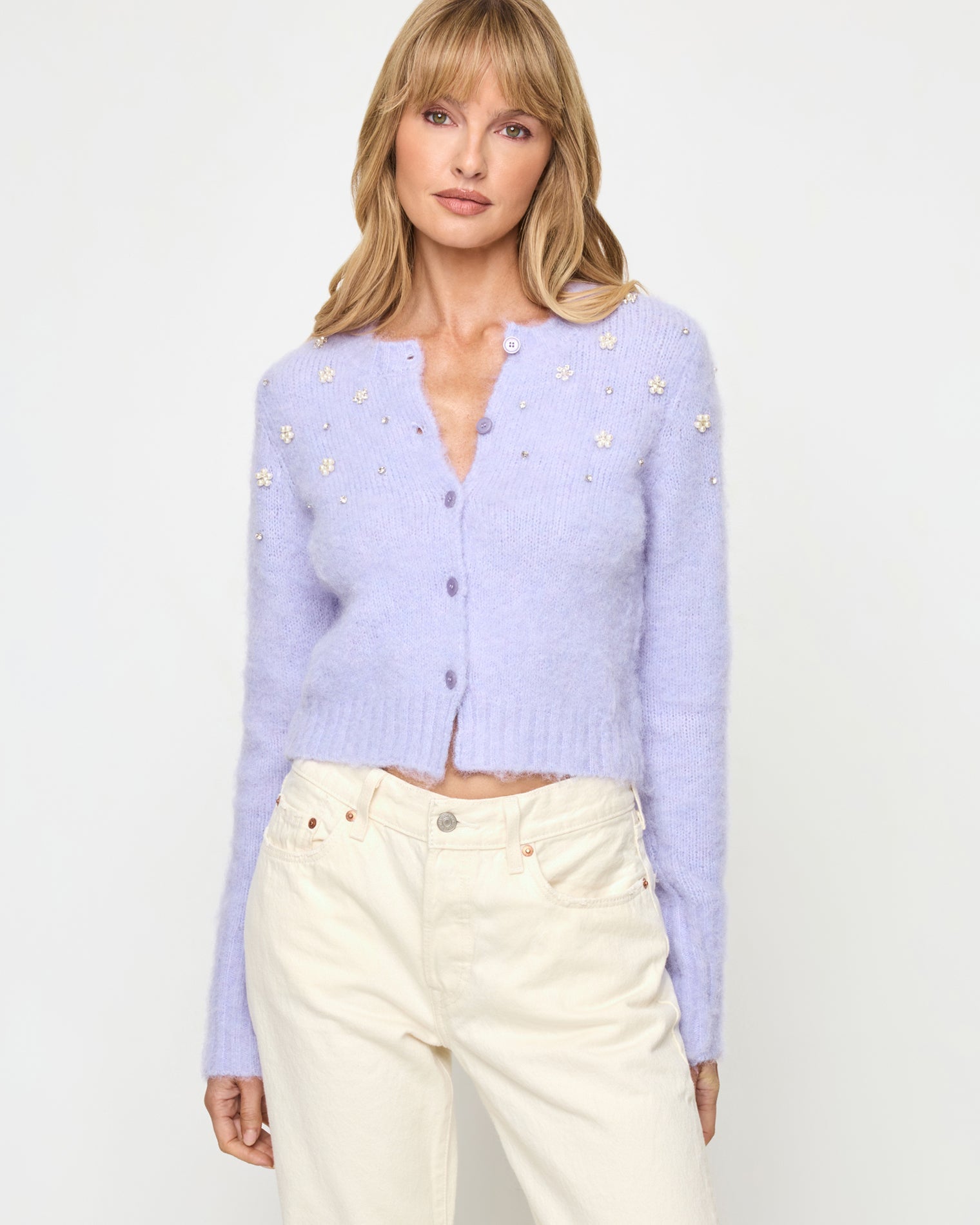 Lavender Ice | Badge:New Arrival_#B2AC88_#ffffff' Purple cardigan with embellishments