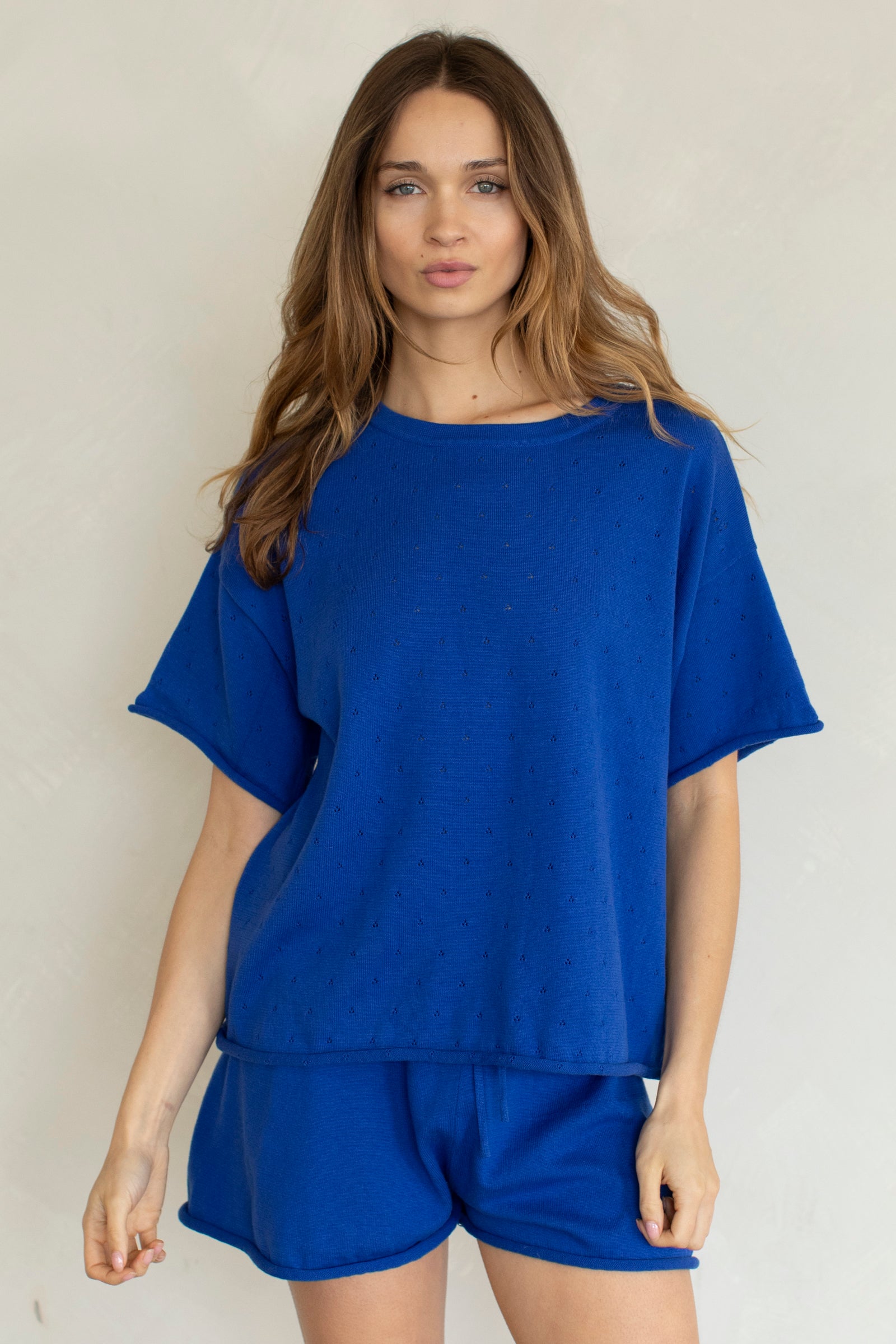 Zoe Pointelle Knit Set in Cobalt