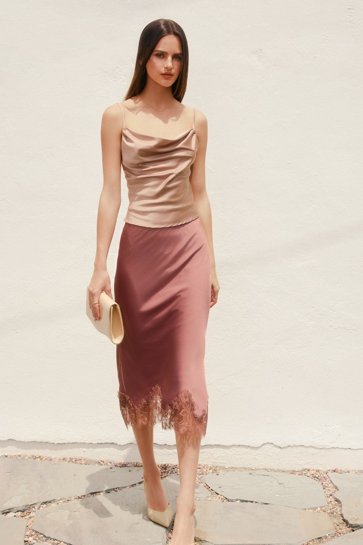 Sloane Lace Midi Skirt in Rose