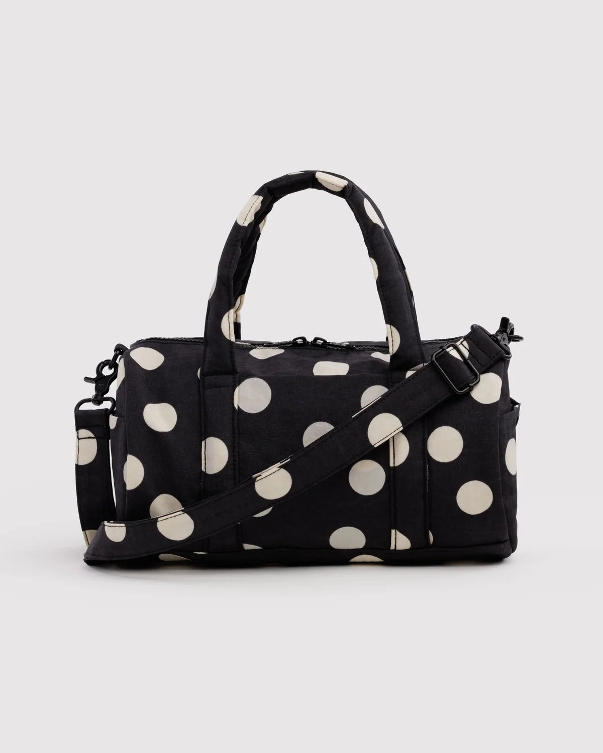 Nylon Duffle Bag in Black and Cream Polka Dot
