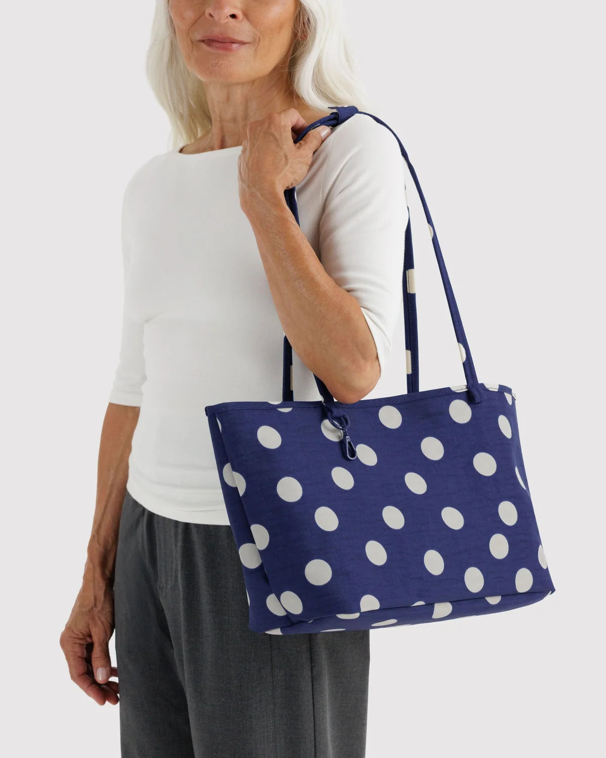 Medium Nylon Reversible Tote in Navy Polka Dot Mix