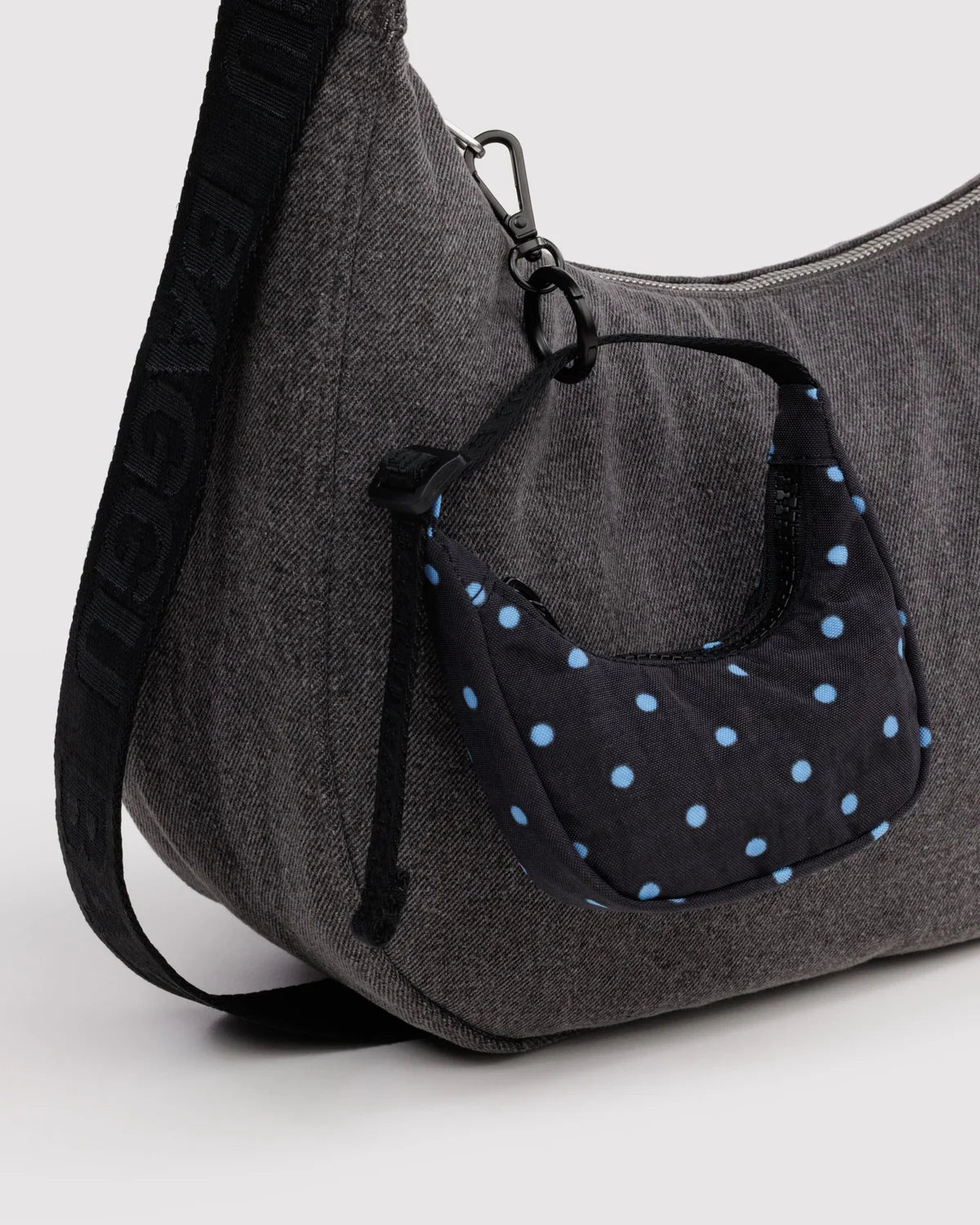 Crescent Bag Charm in Black and Sky Blue Micro Dot