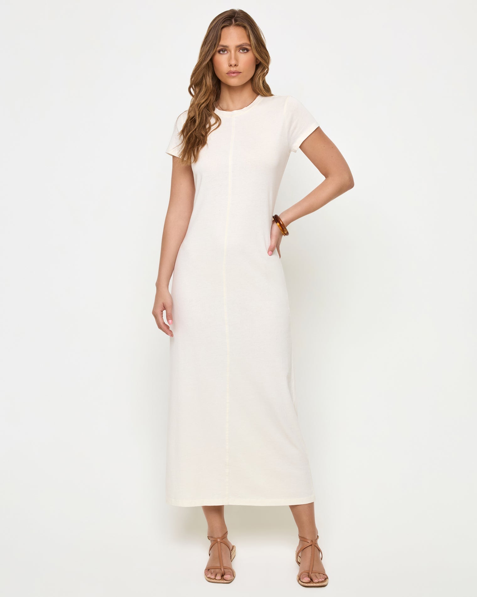 cream casual midi dress with cap sleeves