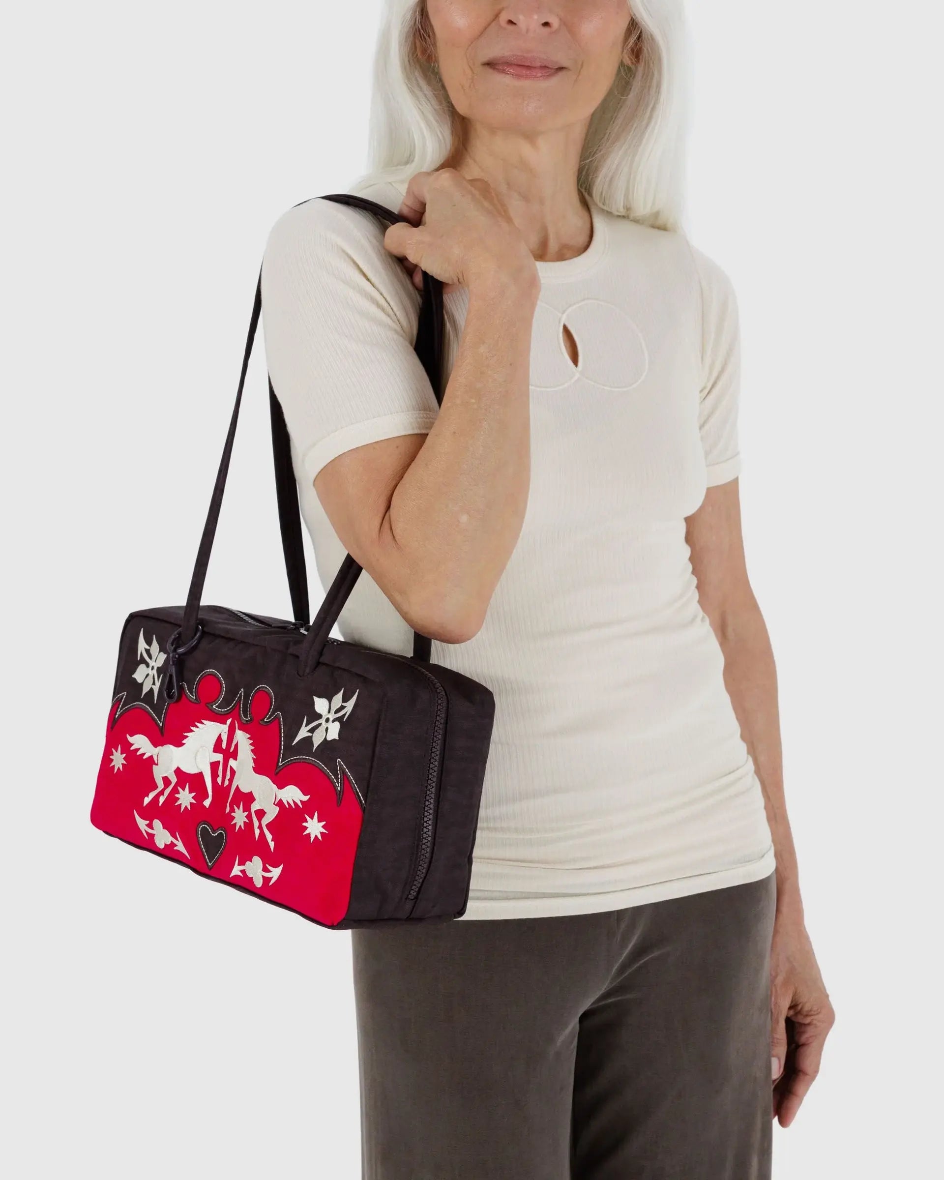 Nylon Bowler Bag in Western Appliqué