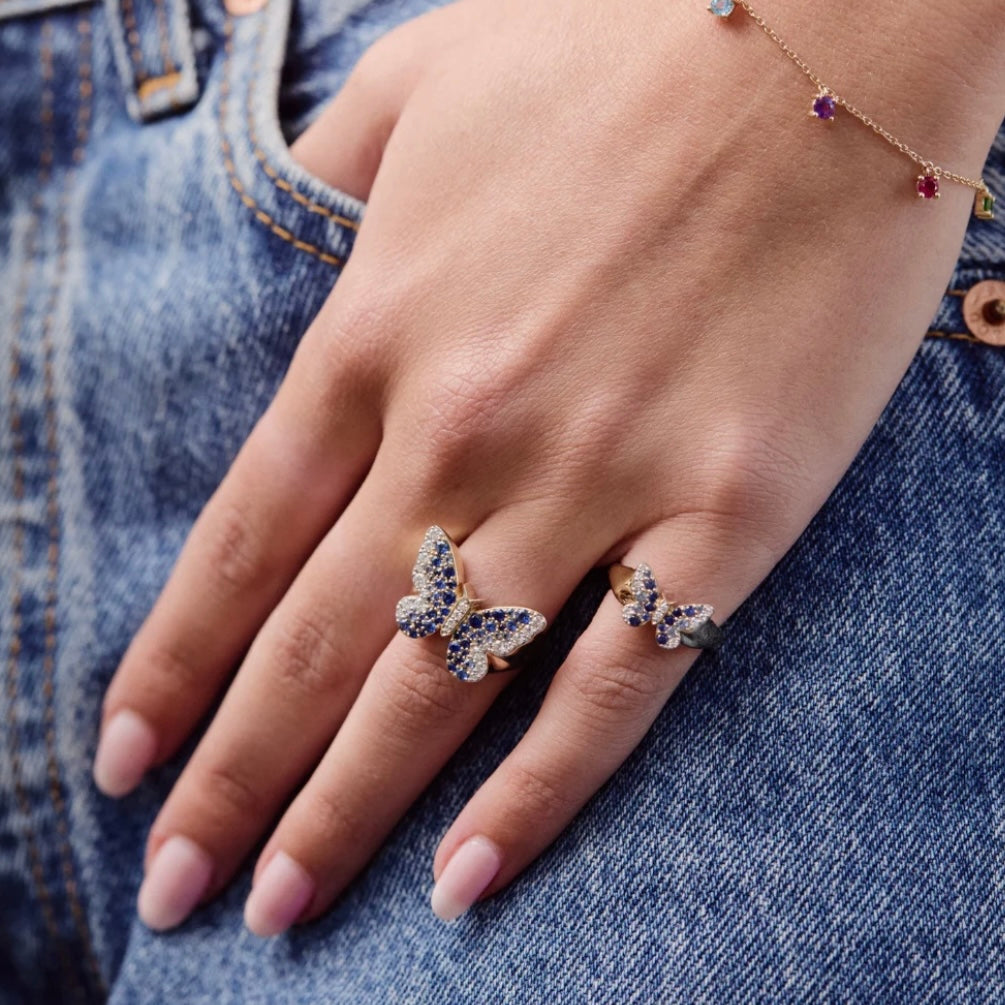 Mini Blue and Diamond Ombré Butterfly Pinky Ring