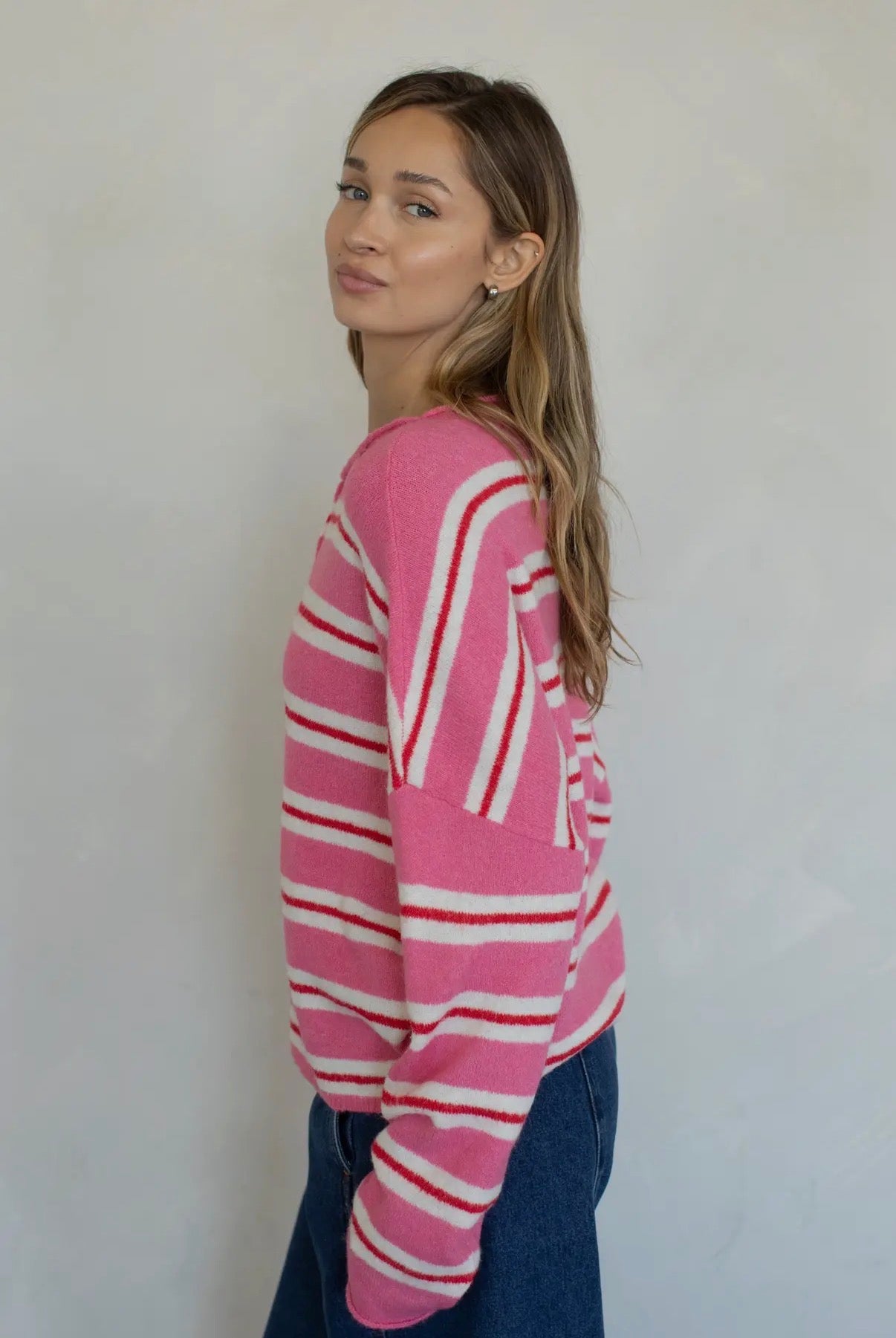 Maisie Sweater in Rose Varsity Stripe