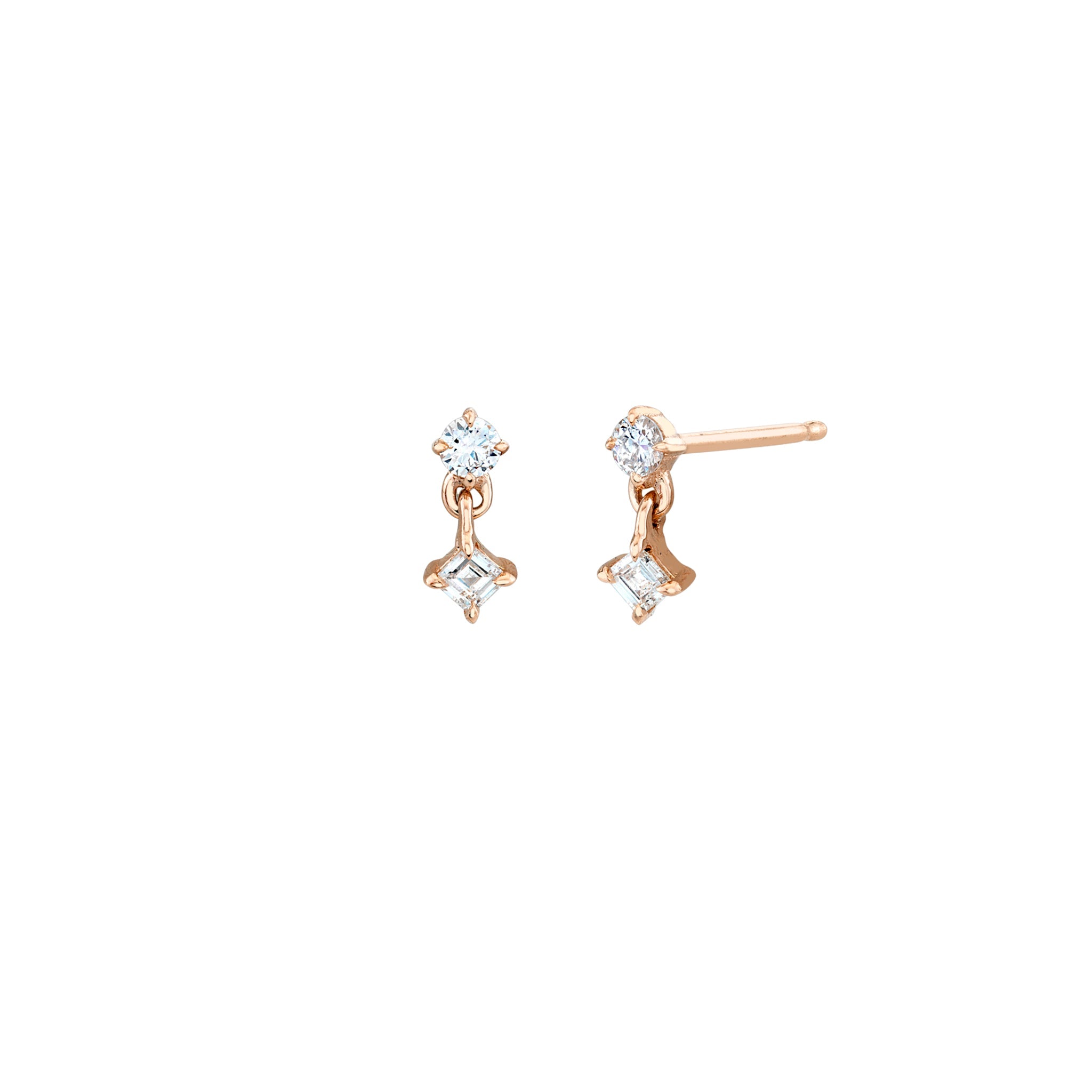 Mix Matched Round and Carre Diamond Mini Drop Stud