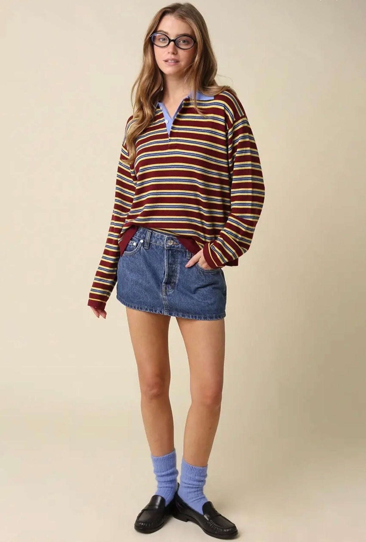 Lana Stripe Collared Knit Top in Varsity Wine