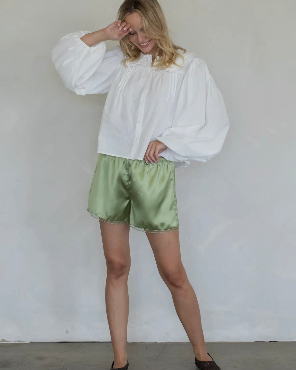 Loren Satin Shorts in Matcha