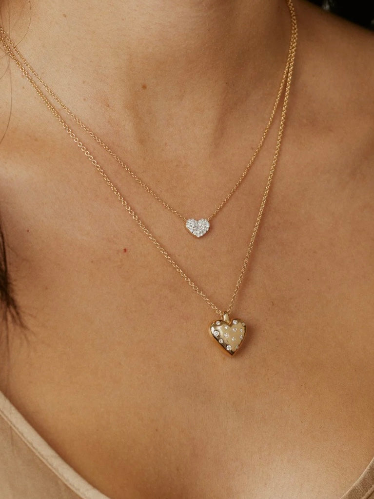 Small Diamond and Gold Puffy Heart Necklace