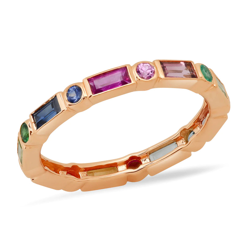 Rainbow Bezel Set Round and Baguette Ring