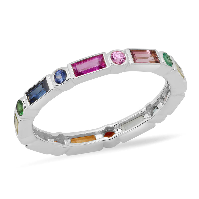 Rainbow Bezel Set Round and Baguette Ring