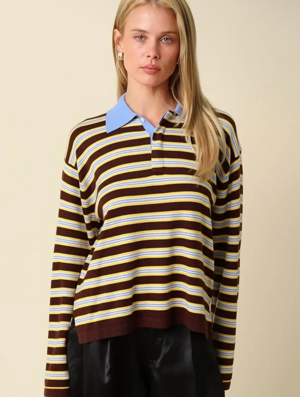 Lana Stripe Collared Knit Top in Chocolate Multi Stripe