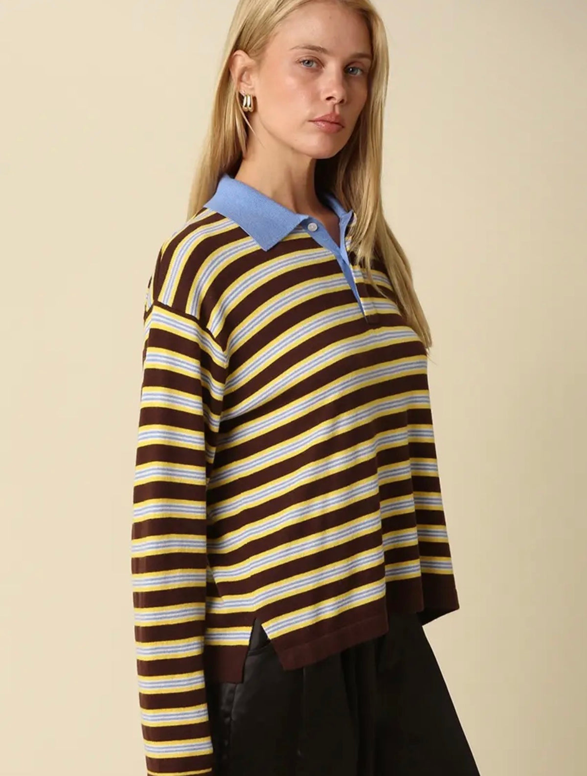 Lana Stripe Collared Knit Top in Chocolate Multi Stripe