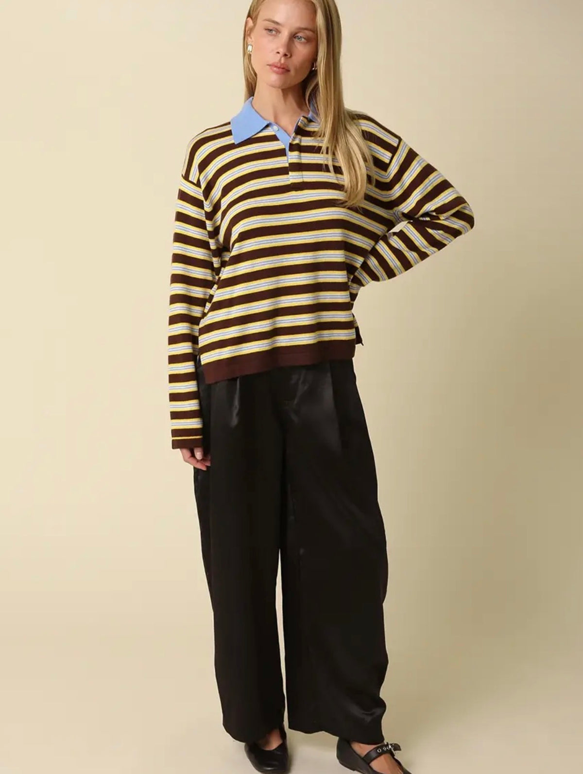Lana Stripe Collared Knit Top in Chocolate Multi Stripe